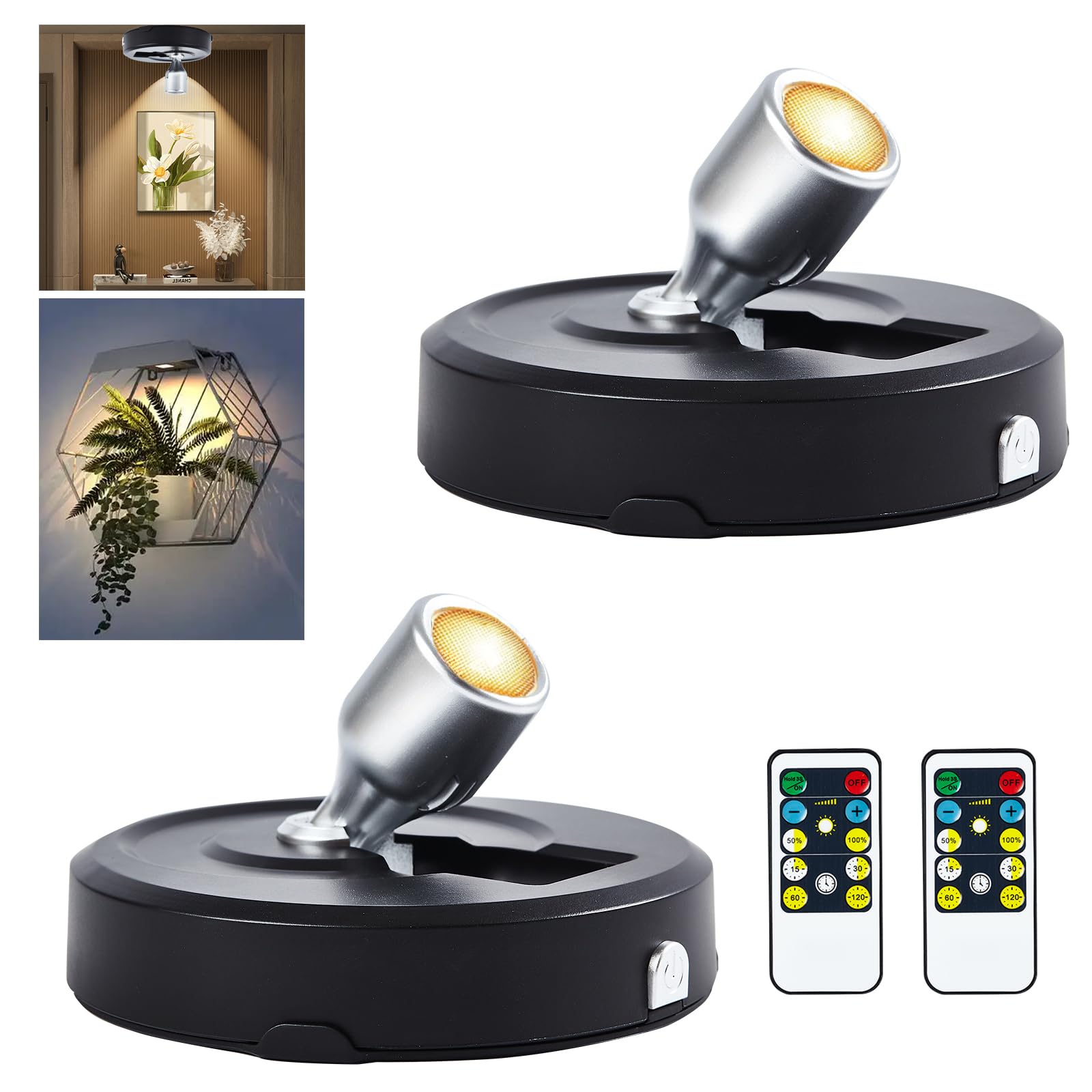 RAHAN 2Pack Battery Operated Spotlight, Picture Light with Remote Dimmable & Timer, Plants Uplighting Picture Lights for Paintings, Small LED Spot Display Lights for Wall Frame Artwork Dartboard