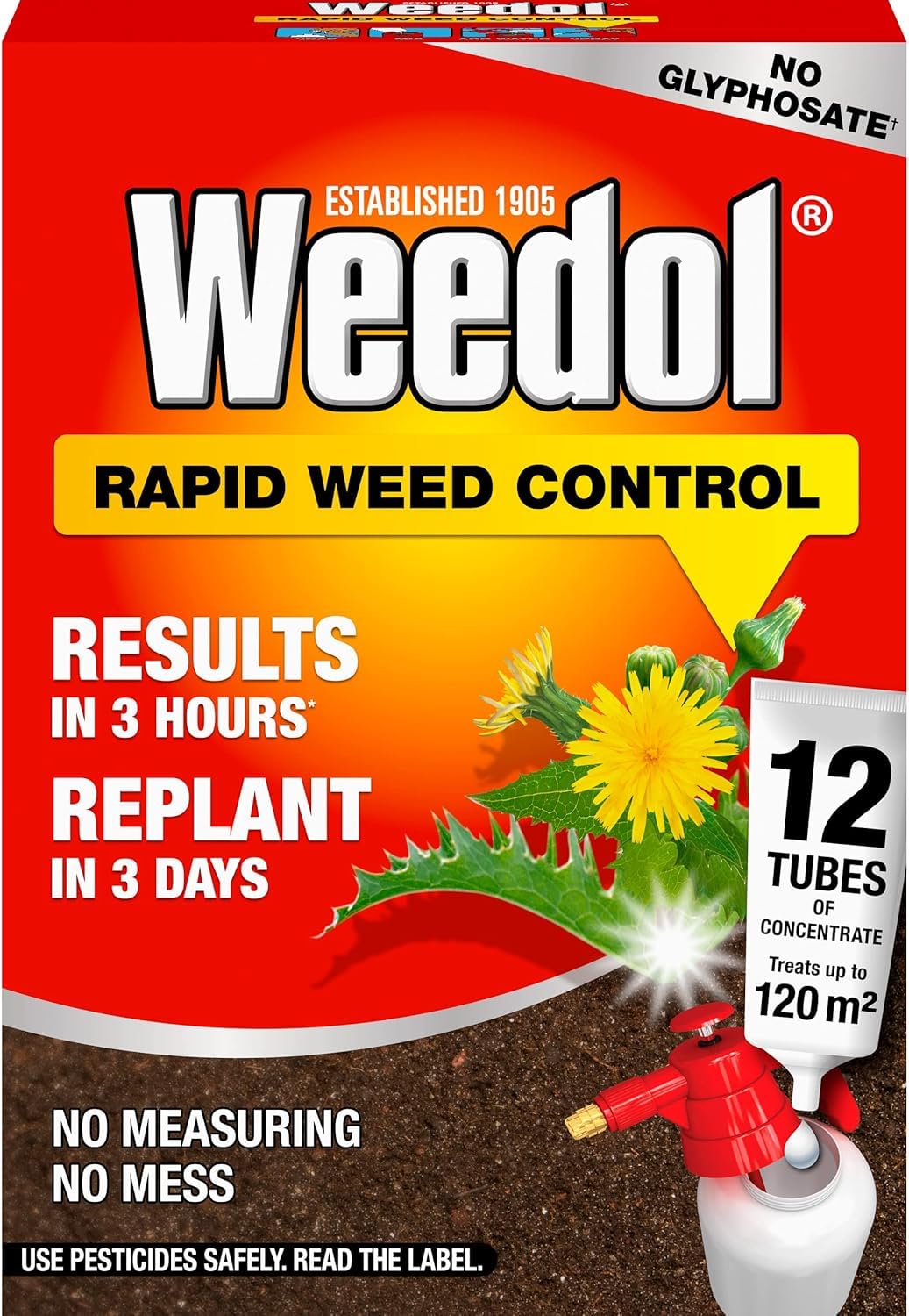 Weedol Rapid Weed Control 12 Concentrate Tubes | Glyphosate-Free Fast Action Weedkiller | Visible Results in 3 Hours | Replant in 3 Days | Treats 120m² | 12 x Easy-Dose Tubes