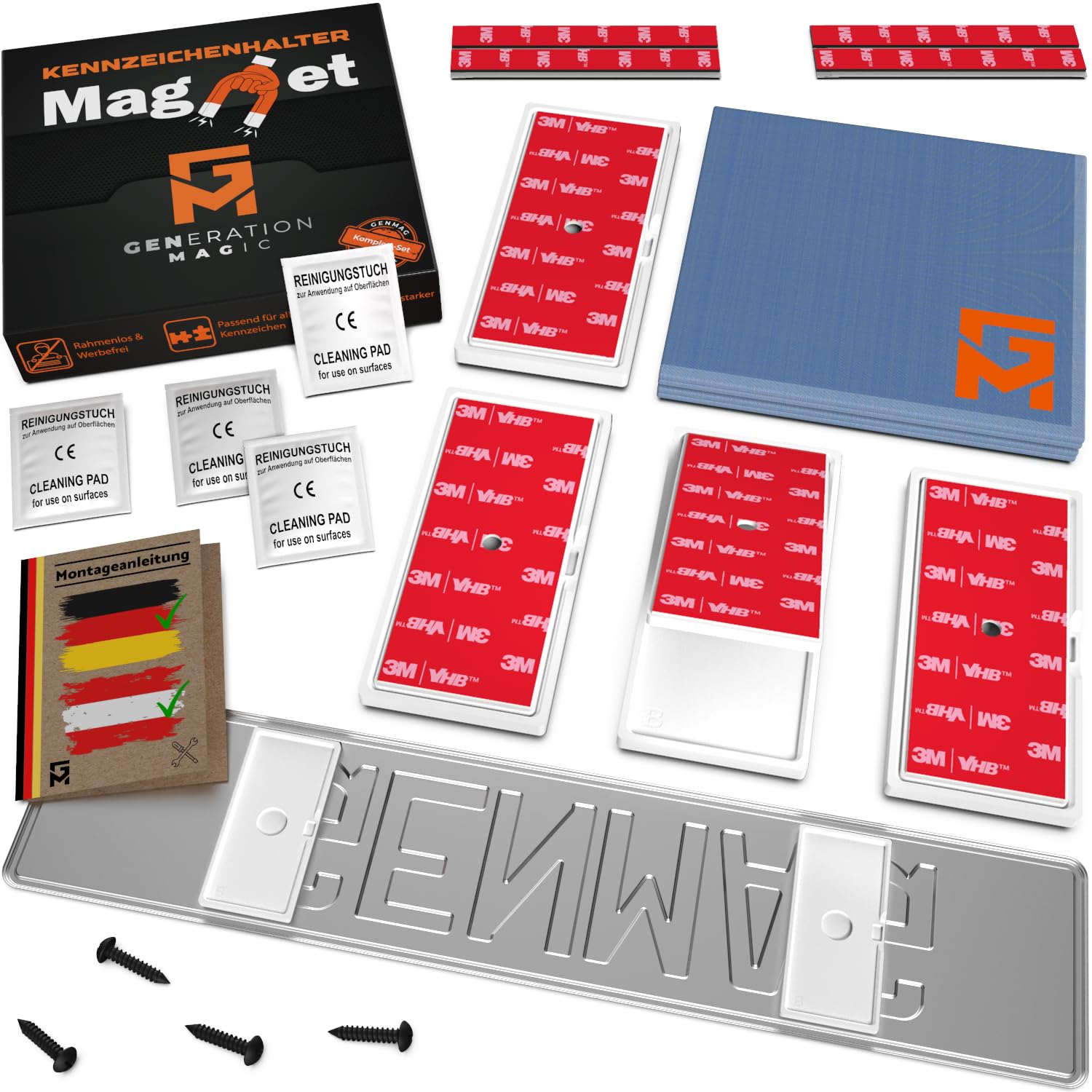 GENMAG® 2X Magnet Kennzeichenhalter Rahmenlos [Extra-Stark & Universal] Rahmenlose Kennzeichenhalter Magnete für Deutschland & Österreich | Magnetische Wechselkennzeichenhalter | Kennzeichen Magnet