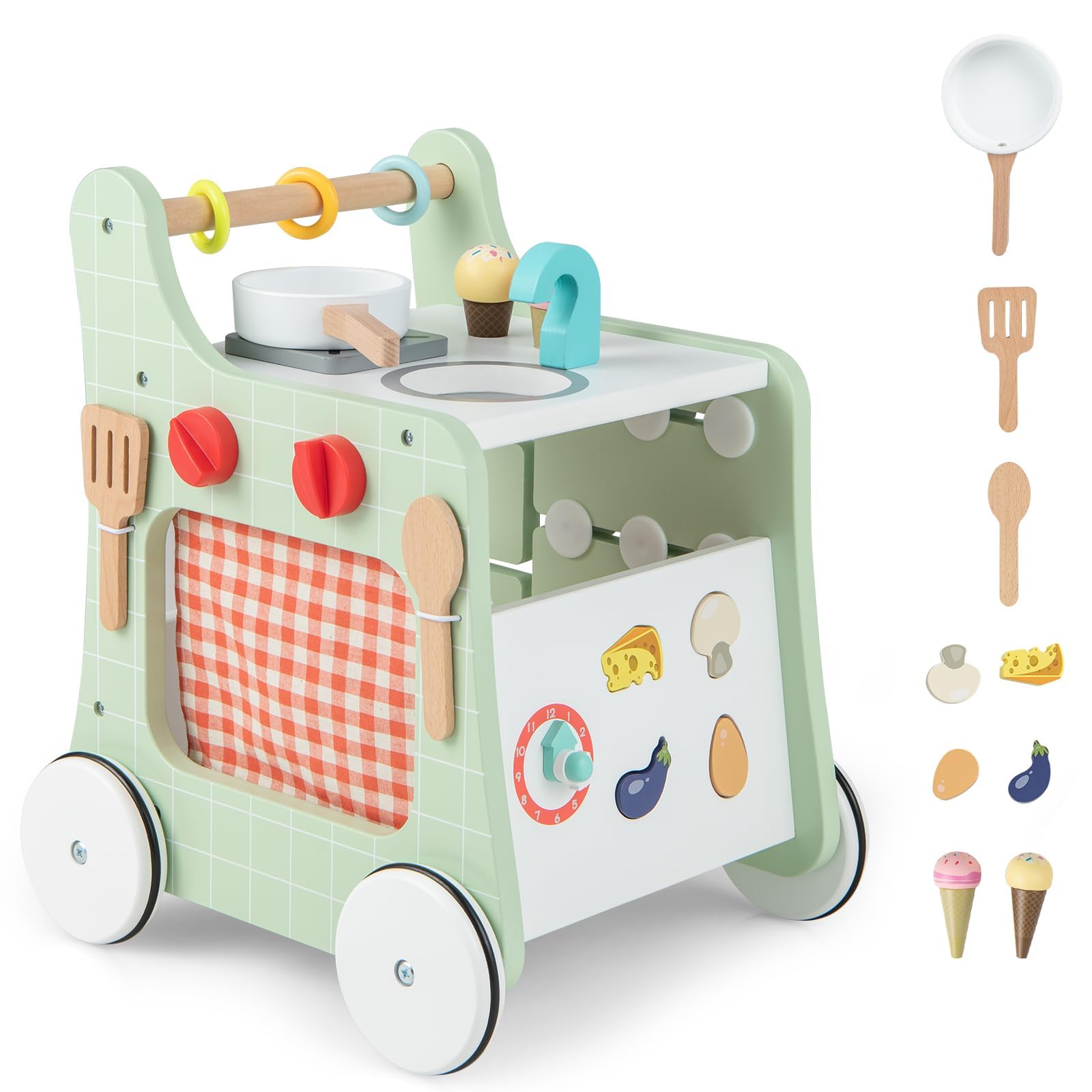 FANTASK Andador 6 en 1 de madera, andador con cocina, reloj de aprendizaje, ajuste de forma y deslizador móvil, cocina infantil con ruedas para niños a partir de 1 año (verde)