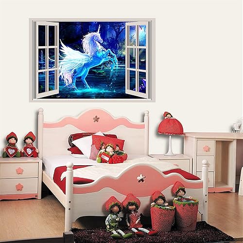 Miniatura 4 de YOWOCAL 3D falsas ventanas pegatinas de pared, diseño de unicornio de fantasía extraíble para decoración de la sala de estar de los niños, 23.6 x