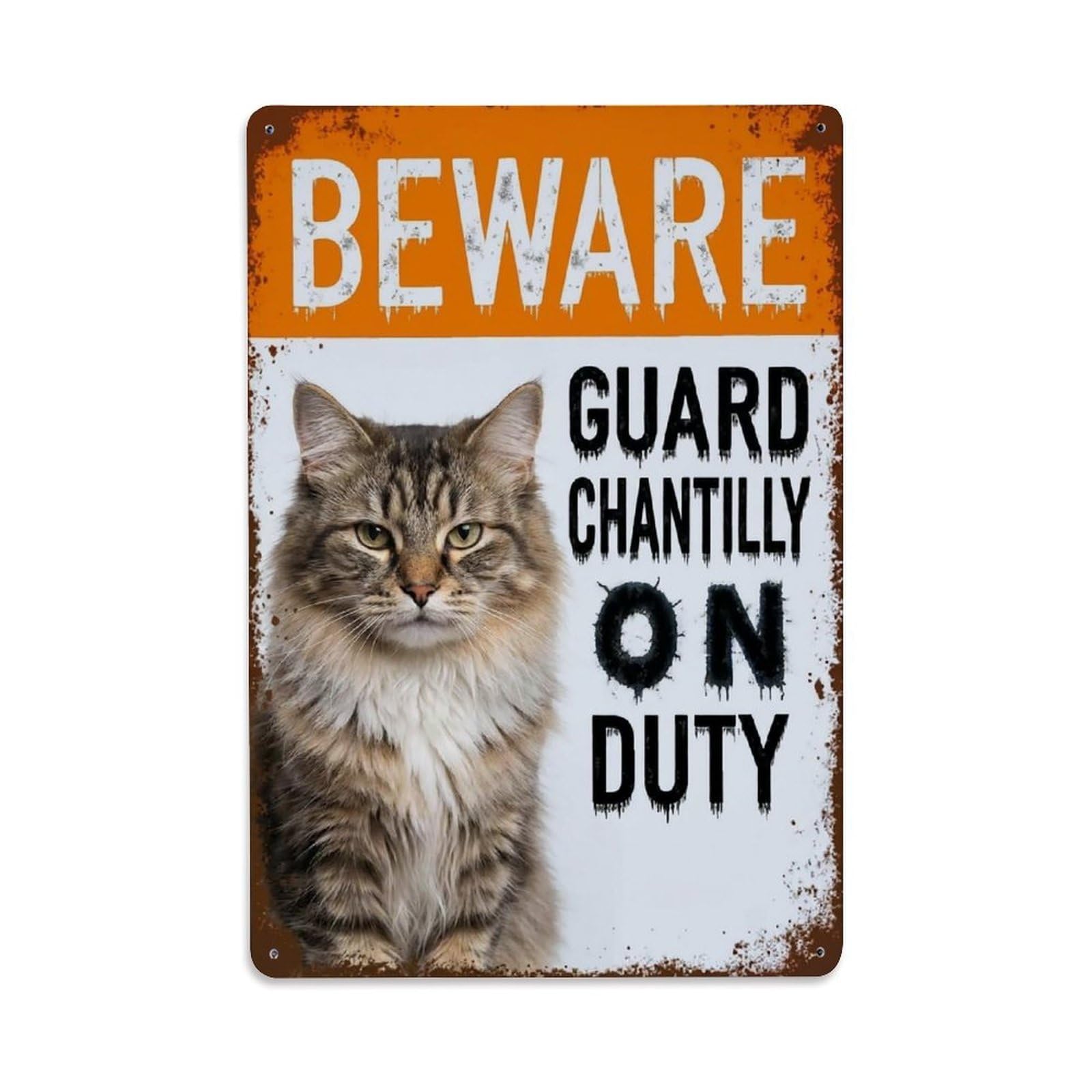 Vintage Funny Chantilly Guard Beware of Cat Fence Metal Tin Sign Plaque Wall Decor for Cafe, Club Bar, Office, Garden Metal Poster 8x12Inch
