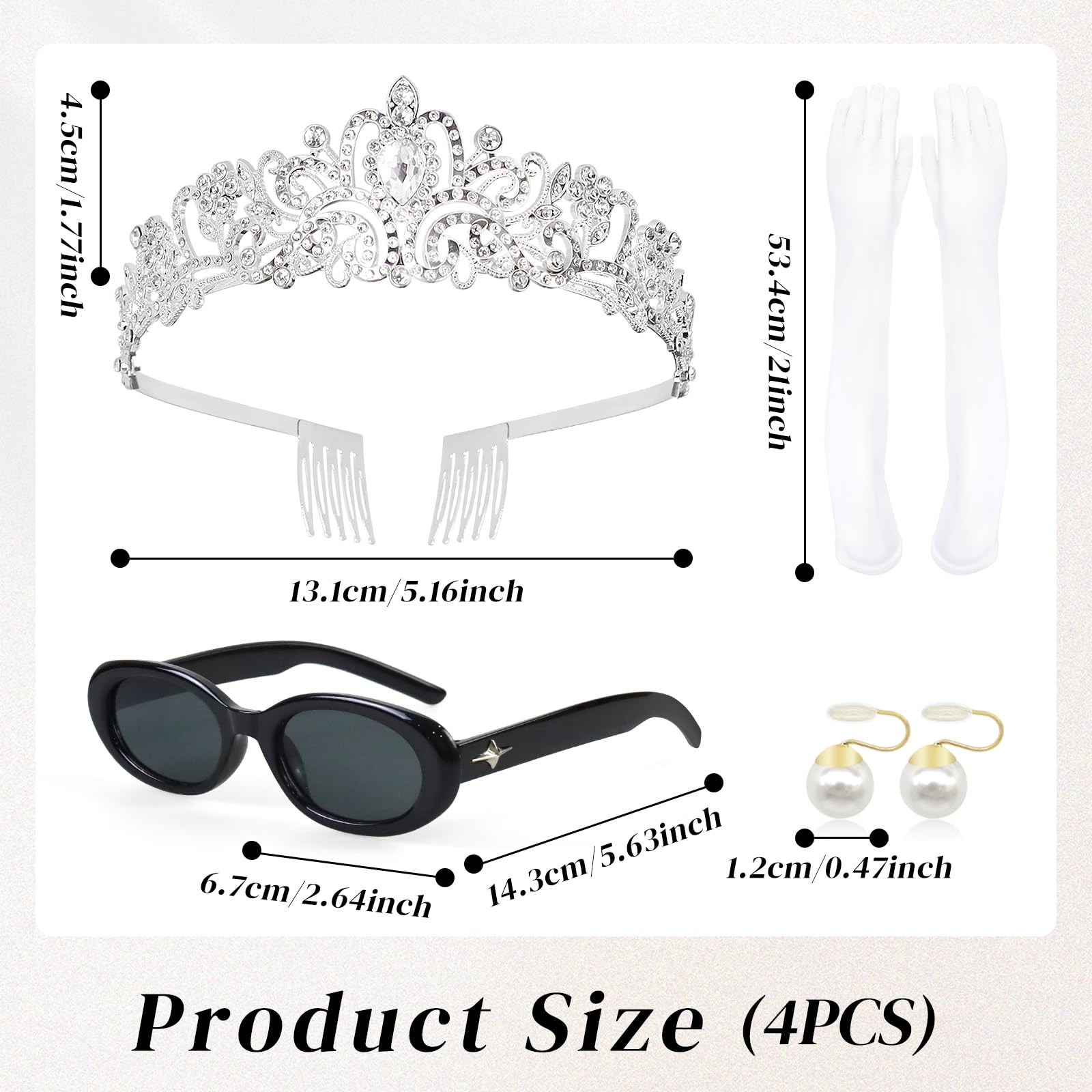 Oerphh 4pcs Princess Accessories, Crown Accessories Kit with Princess Tiaras Long Gloves Vintage Sunglasses - Image 3