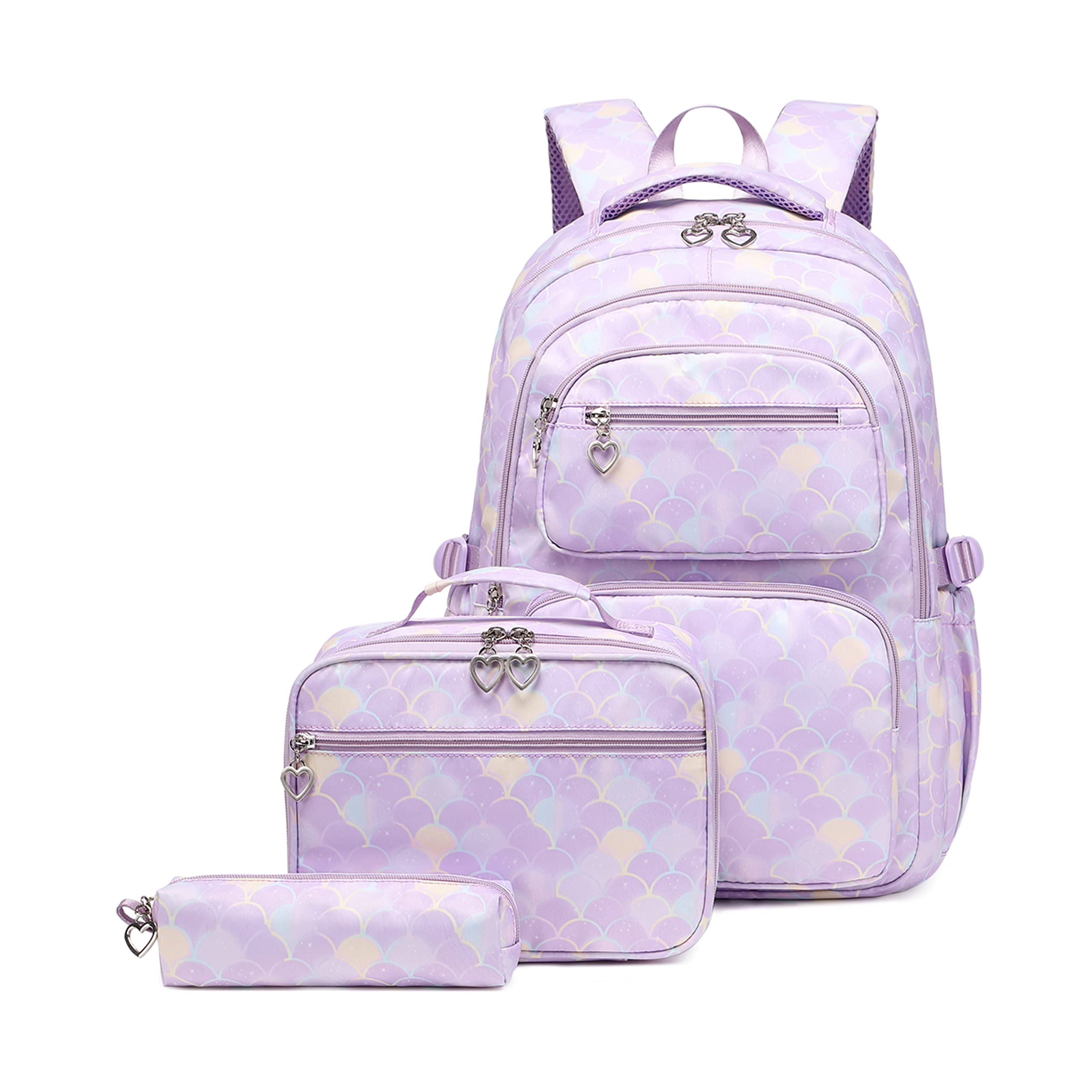 3Pcs Mermaid Scale Backpack Set for Girls with Lunchbox ＆ Pencil Case, Mermaid Girls Backpack School Bag and Lunch Bag Set
