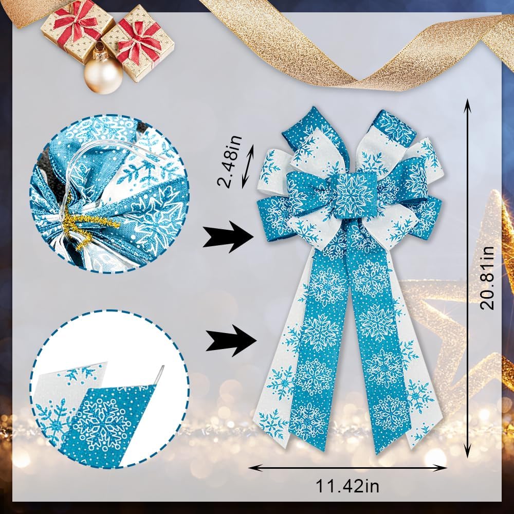 Large Christmas Bows for Wreath, Merry Christmas Wreath Bows White Blue Burlap Bow Winter Holiday Snowflake Craft Ribbon Bow Xmas Tree Bows for Front Door Christmas New Year Decorations - Image 2