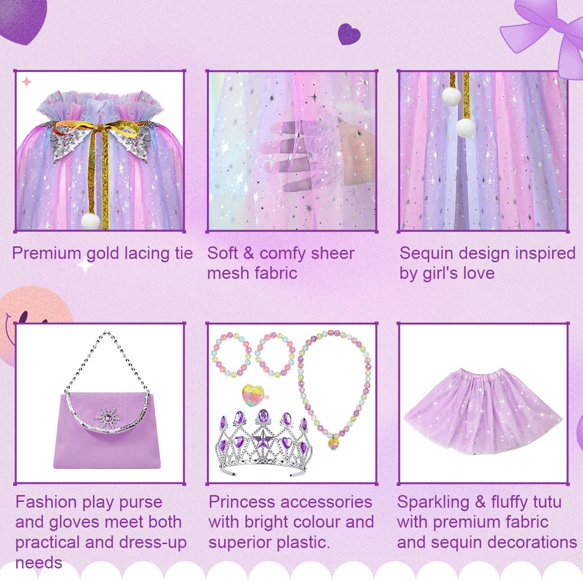 Meland Princess Dress up Clothes for Little Girl, 11Pcs Princess Cape with Crown, Princess Dresses for Girl 3-8 Birthday Gift