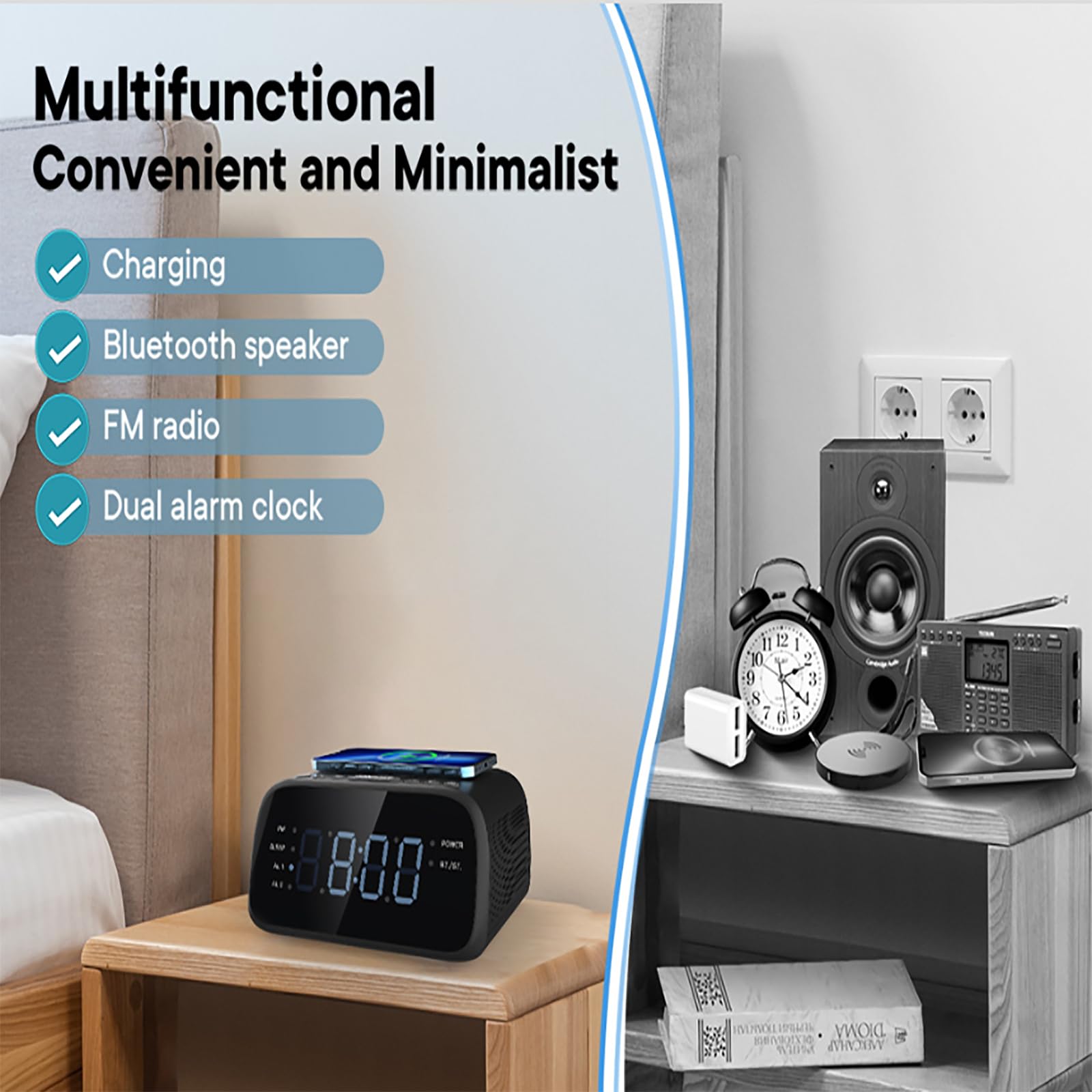 ERICAT Haut-Parleur Bluetooth avec Réveil Numérique, Haut-Parleur De Réveil Intelligent, Radio-réveil FM, Veilleuse LED Réglable Et 3 Niveaux De Luminosité, Facile À Utiliser, pour Chambre, Maison