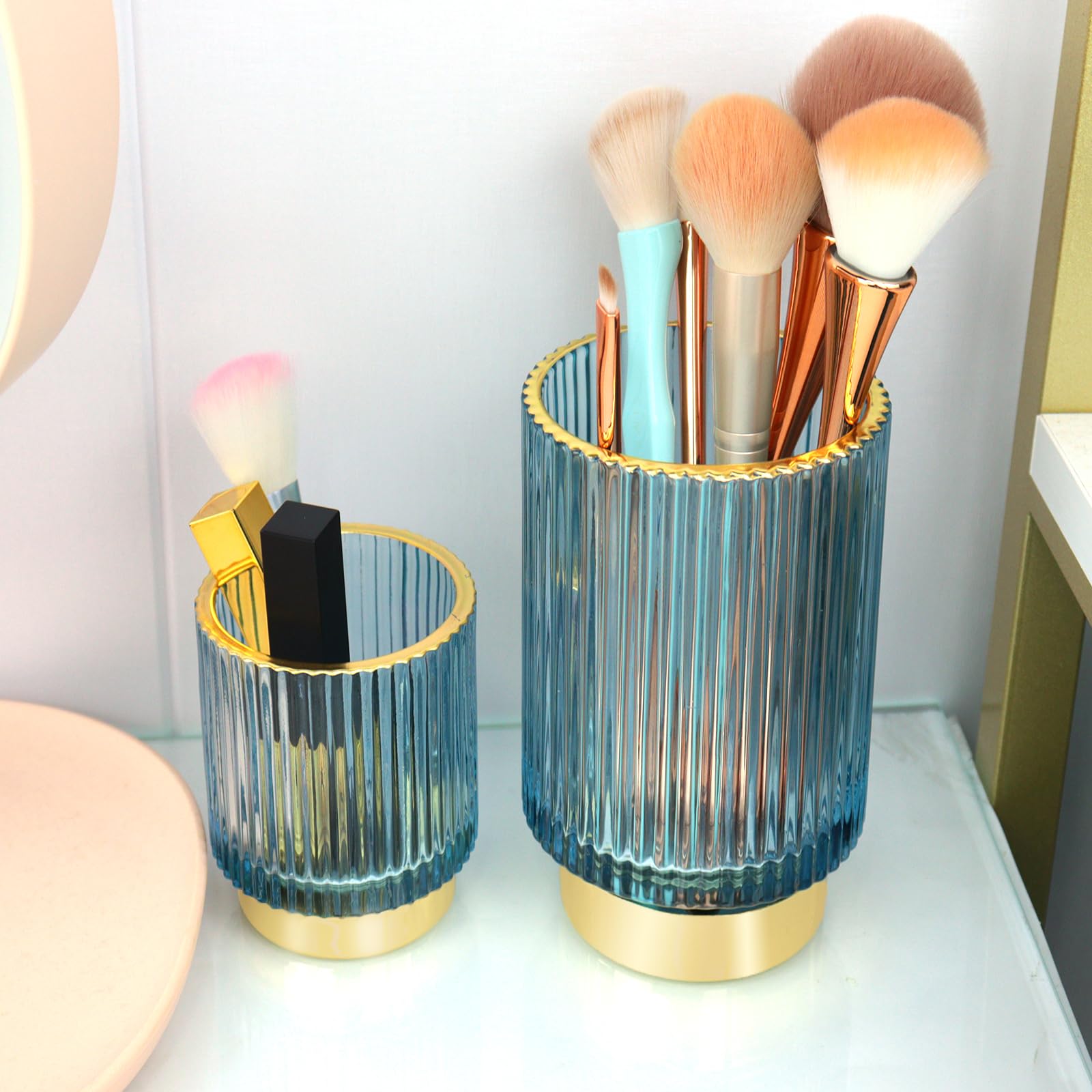 LANGBOHOS Glas-Kosmetikpinsel-Organizer, Kristall-Kosmetik-Glaspinsel- Aufbewahrung, Kristall-Make-up-Pinselhalter, Vintage-Becherhalter, Schreibtisch-Aufbewahrungs-Organizer für Schminktisch und Kosmetik