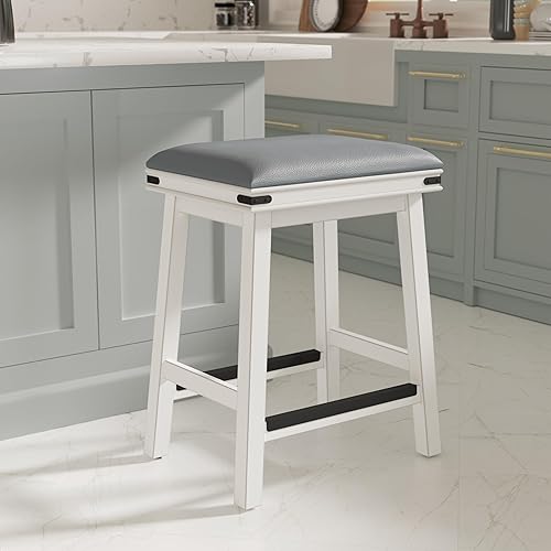 Miniatura 29 de DTY Indoor Living Cortez Taburete de cuero regenerado, acabado blanco, altura de mostrador de 24 pulgadas, asiento de cuero negro Acabado blanco