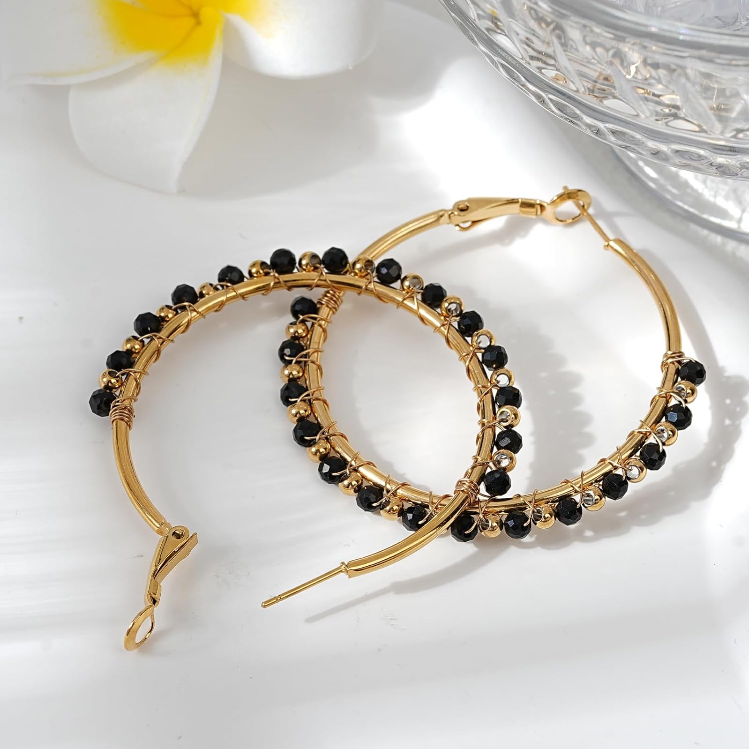 Large Beads Hoop Earrings for Women 18K Gold Plated Handmade Big Hoop Earrings Gemstone Jewelry for Wife Mother