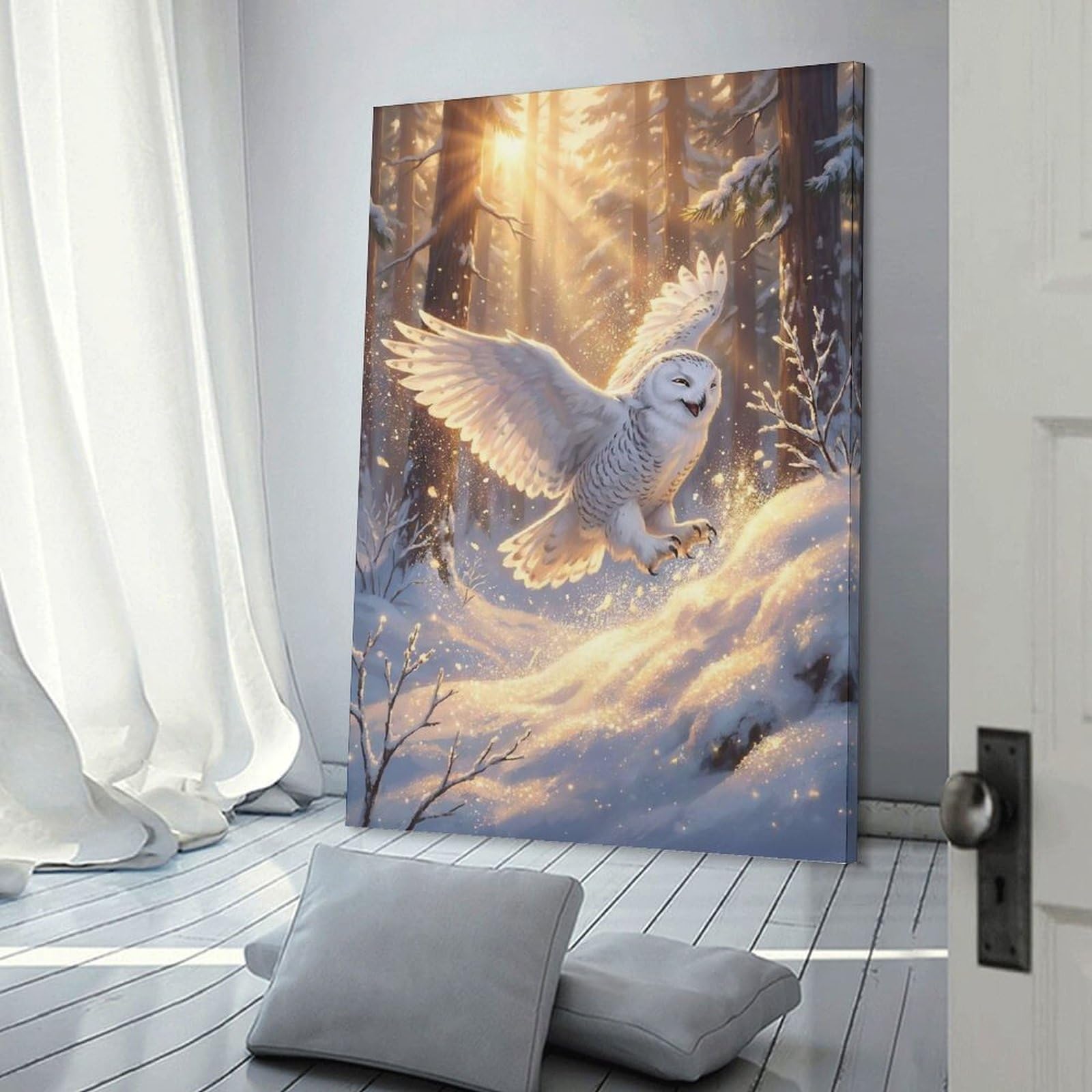 Junmoney Snowy Owl in Winter Forest Decorative Wall Artwork, 16x24inch(40x60cm), for New Homes, Bedrooms Or Workspaces, Gift Idea for Housewarming And Birthdays