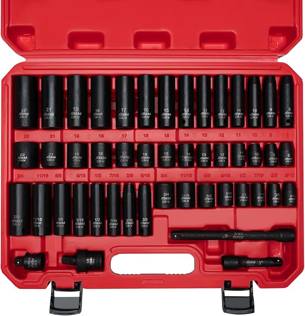 3/8" Drive Impact Socket Set, 48-Piece Standard SAE (5/16 to 3/4 inch) and Metric (8-22mm) Size, 3" and 6" Drive Extension Bar, Impact Universal Joint, 3/8" to 1/2" Impact Adaptor, CR-V