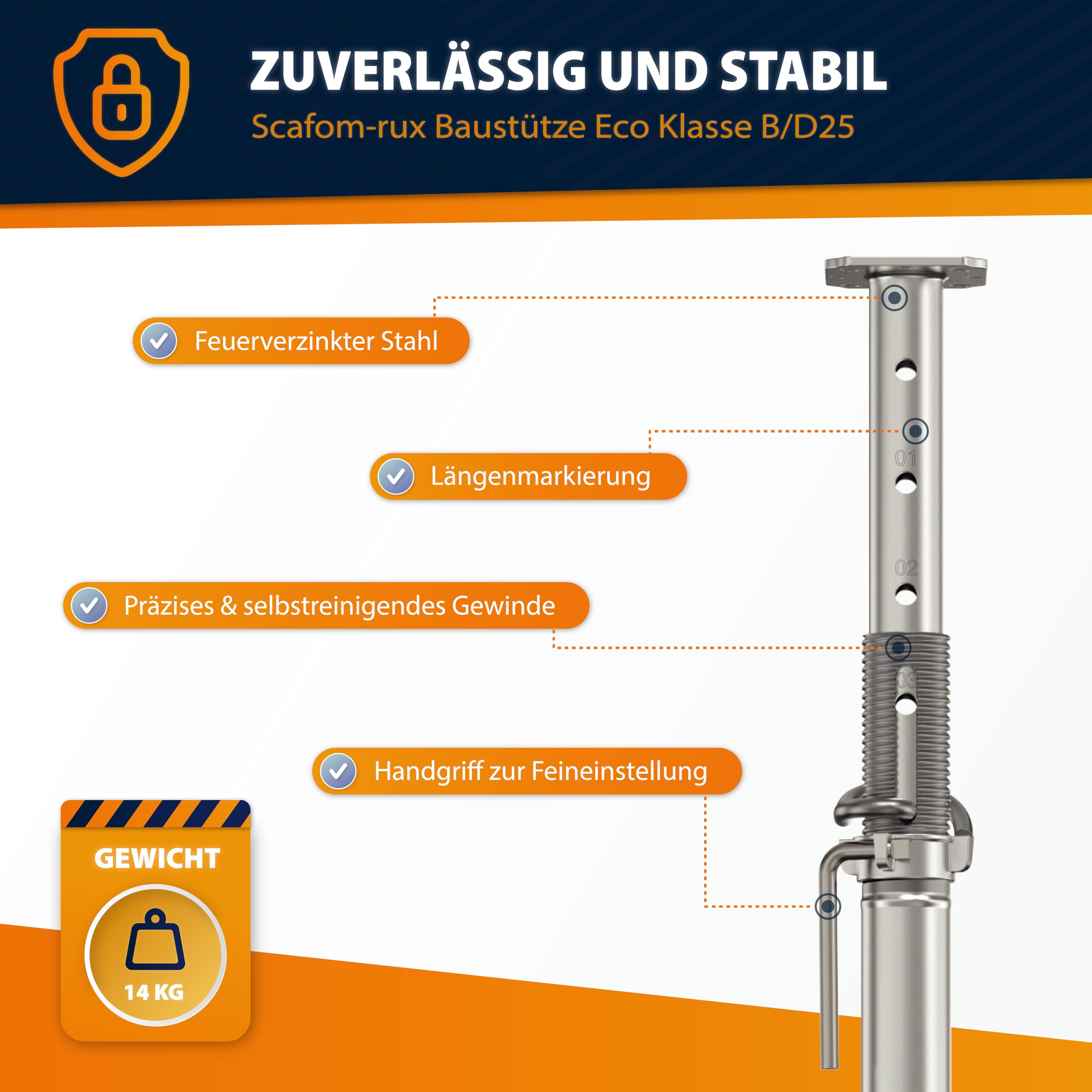 Baustütze [146 – 250 cm] Eco Klasse B/D25 - Montagestütze - Deckenstütze - leichte Einhandstütze - stabile Stützen höhenverstellbar - Teleskopstütze & Deckenspanner Montagehilfe