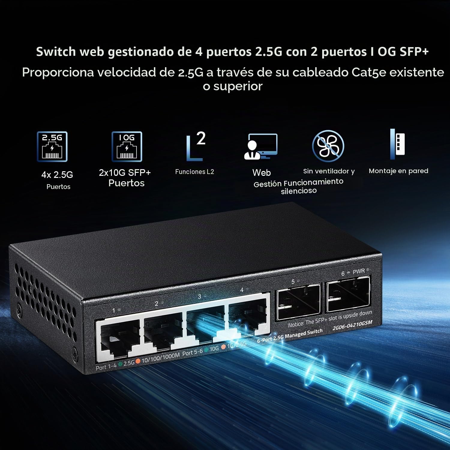 Binardat 4 Port 2.5g Network Web Management Switch, con 2x10g sfp, ultrapequeño, Soporte Trunk/LACP /vlan/qos, conmutador de Red multigigabit metálico/montado en la Pared