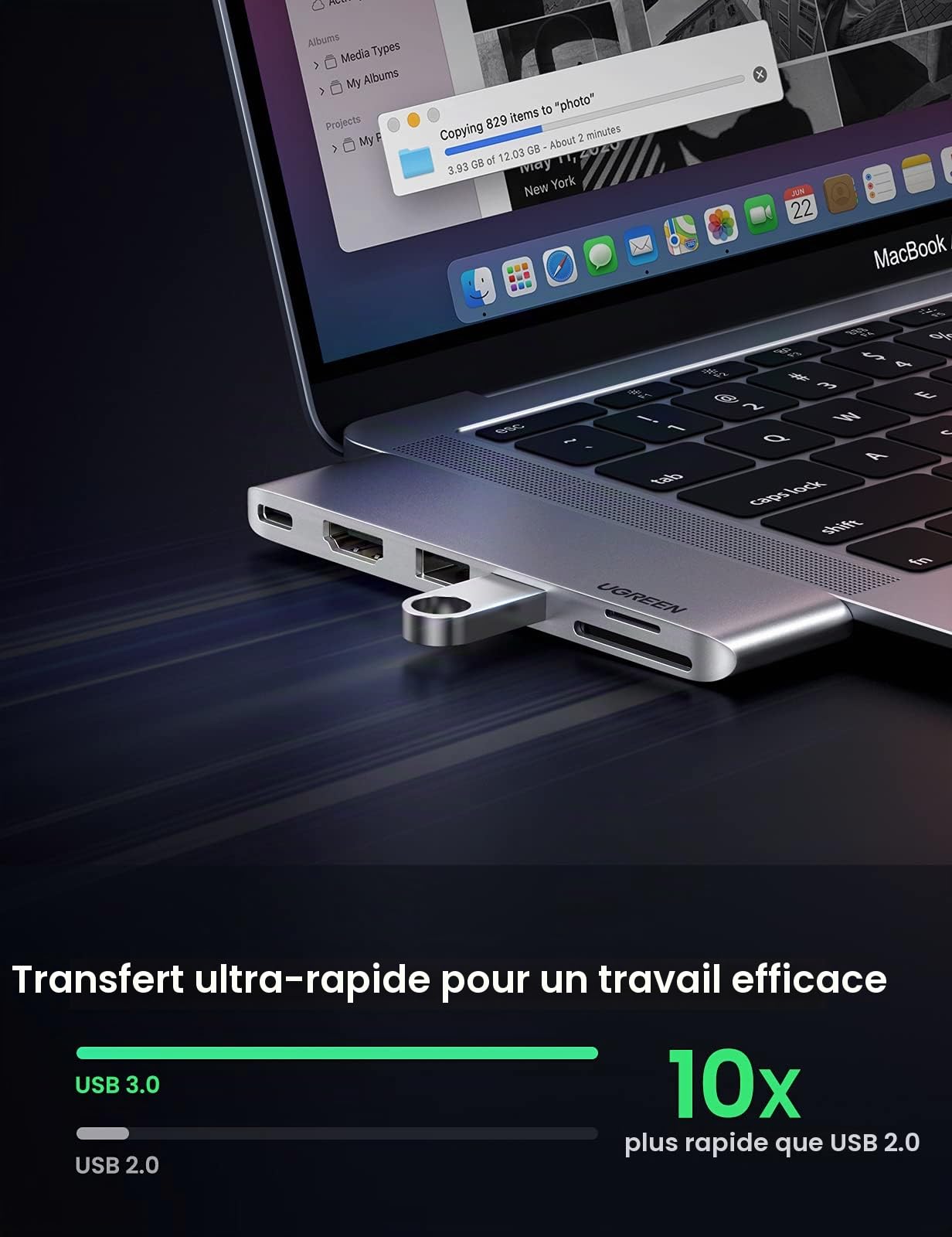 UGREEN 6 en 2 Adaptateur Hub USB C HDMI 4K Compatible avec MacBook Pro Air M2 M1 2022 à 2016, Multiports USB 3.0 5Gbps, Thunderbolt 3 6K Vidéo, 100W PD, 40Gbps Transmission, Lecteur de Carte SD TF