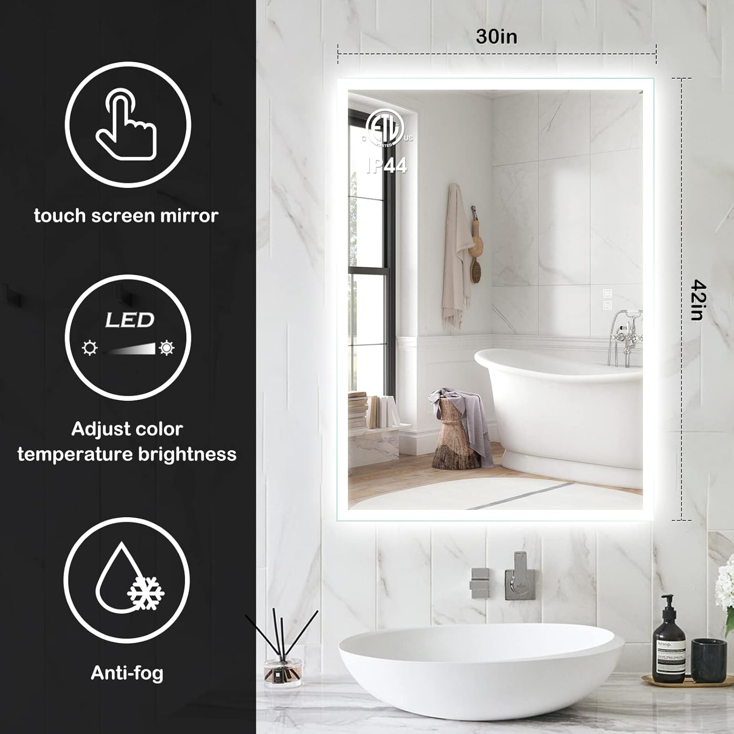 ROOMTEC 42 X 30 inch LED Bathroom Mirror with Adjustable 3-Color Frontlit, Anti-Fog, Smart Memory Function and ETL&UL Certified, Silver