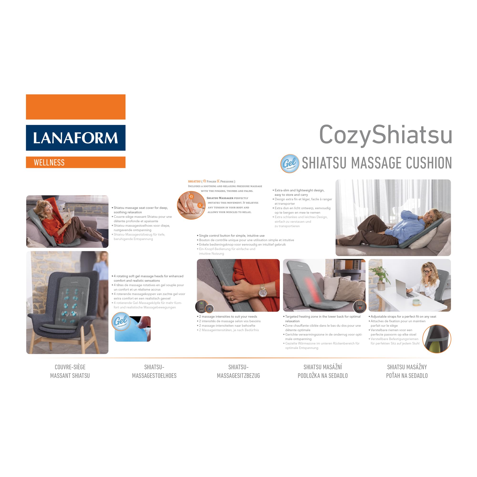 LANAFORM - CozyShiatsu - Couvre-siège Massage Shiatsu - Fauteuil Massant Chauffant Dos - Têtes Gel Rotatives Relaxation - Chaleur Lombaire Activable - Siège Bureau Canapé Détente