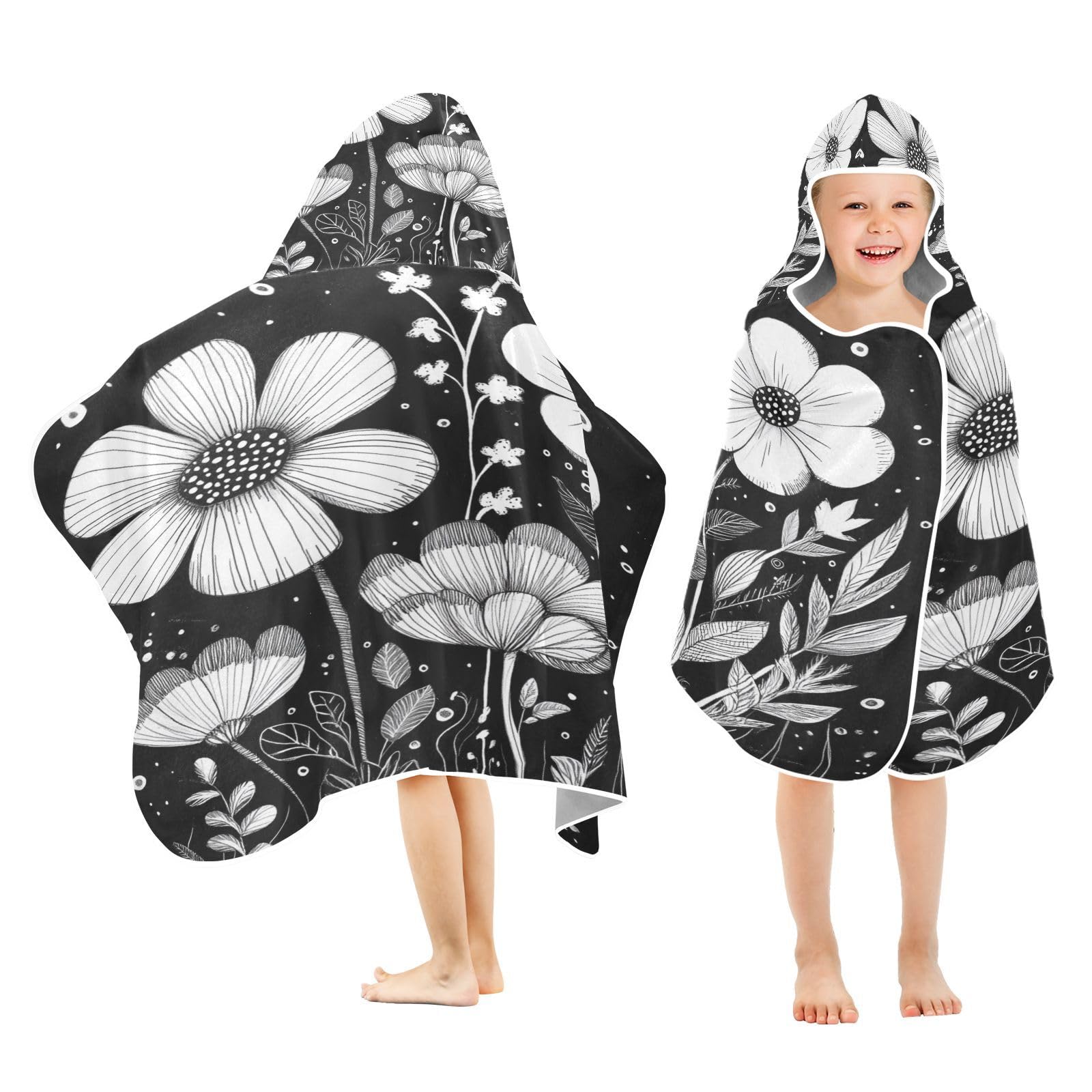 Kigai Black Flowers Hooded Beach Towel for Kids Soft Absorbent Quick Dry Bath Towel with Hood Lightweight Toddler Shower Pool Bath Wrap for Boys Girls