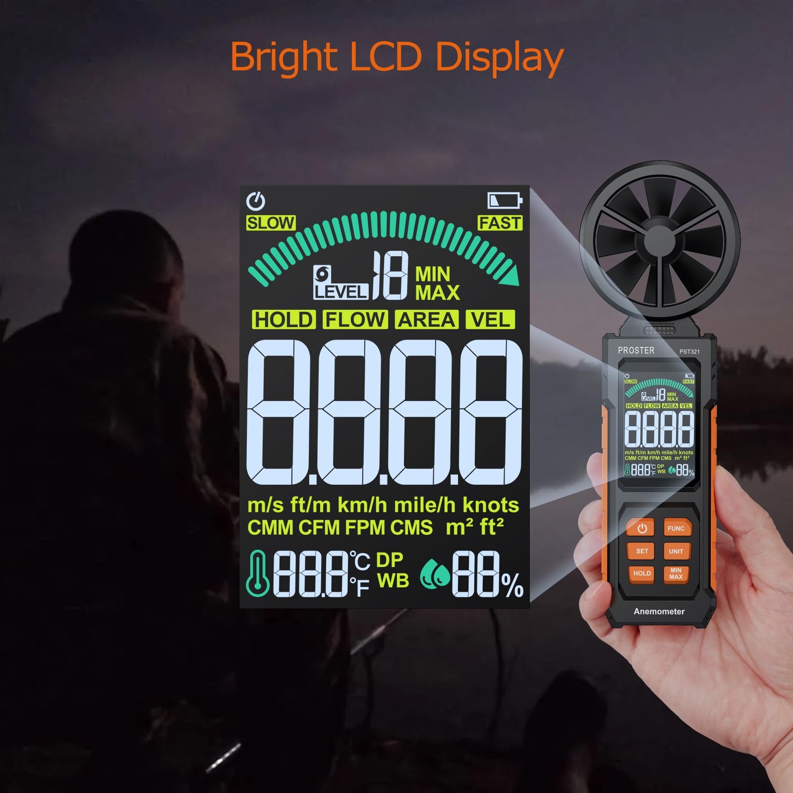 Proster Anemómetro Portátil Medidor de Velocidad del Viento Digital con CMM CFM Flujo de Aire y Temperatura