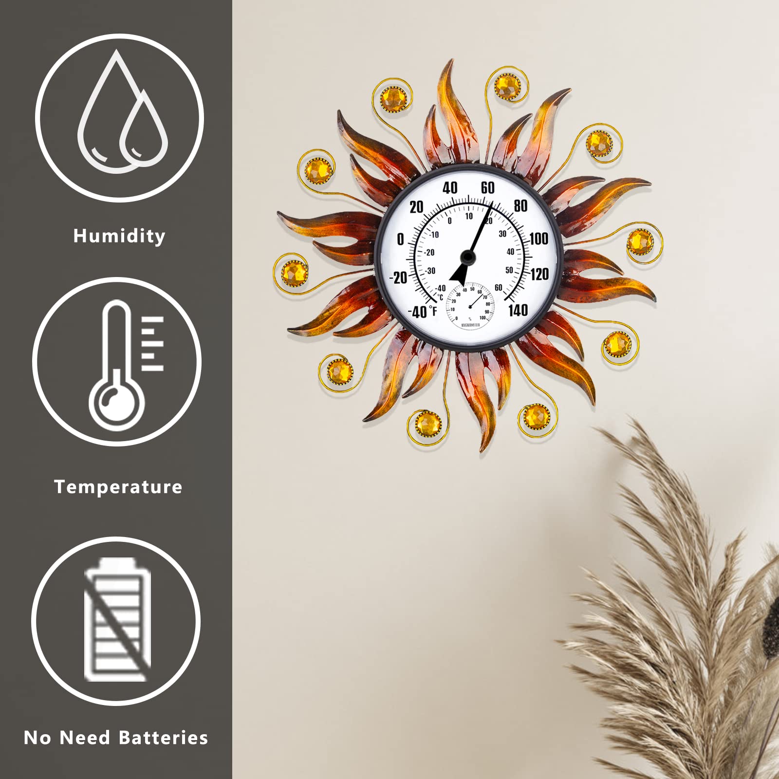 Termómetro para interiores y exteriores de 13 pulgadas, termómetro solar montado en la pared con humedad, fácil de leer termómetro decorativo exterior para patio, jardín, no requiere baterías