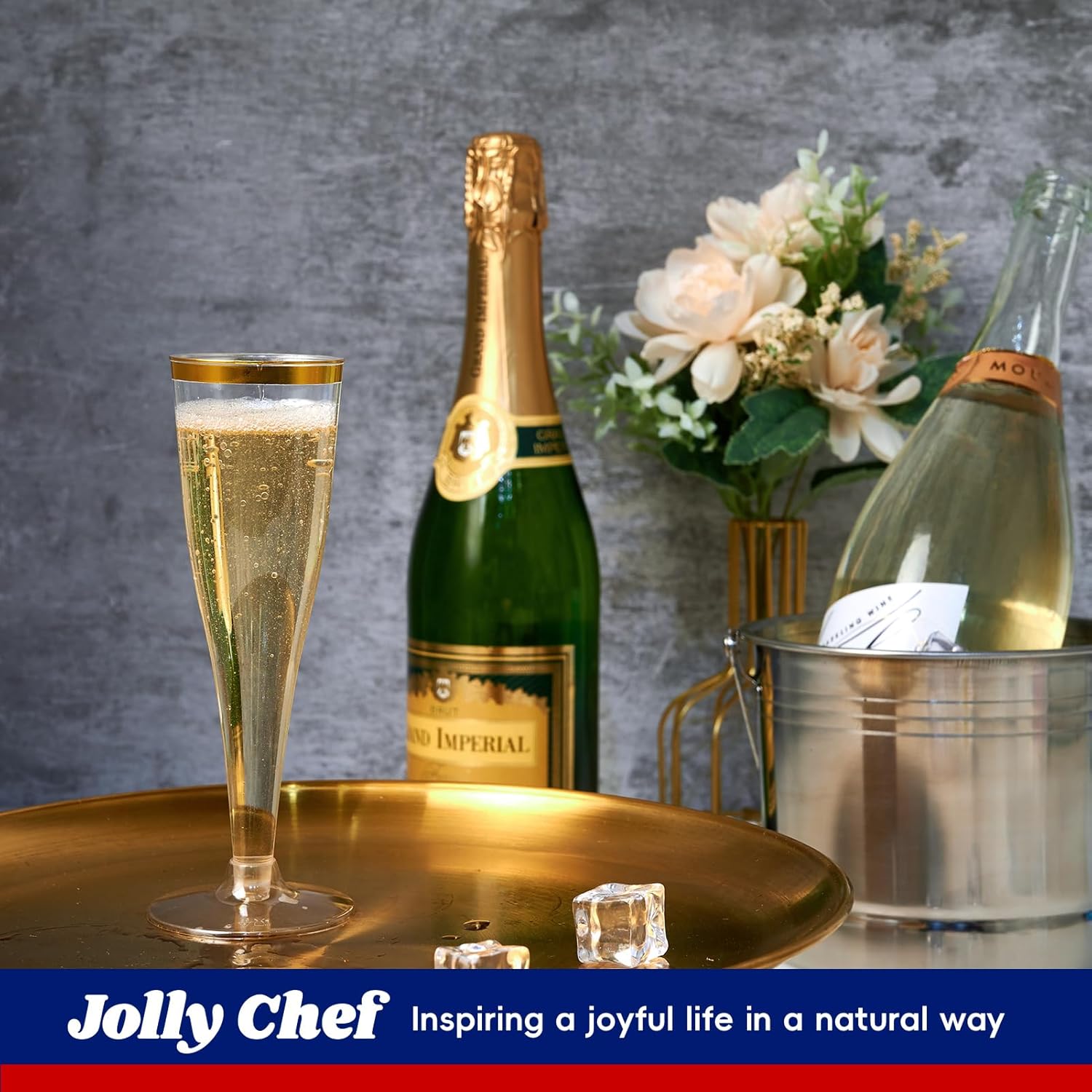 JOLLY CHEF 36 Count Plastic Champagne Flutes 4.5 oz Gold Rim Clear Disposable Toasting Glasses - Image 3