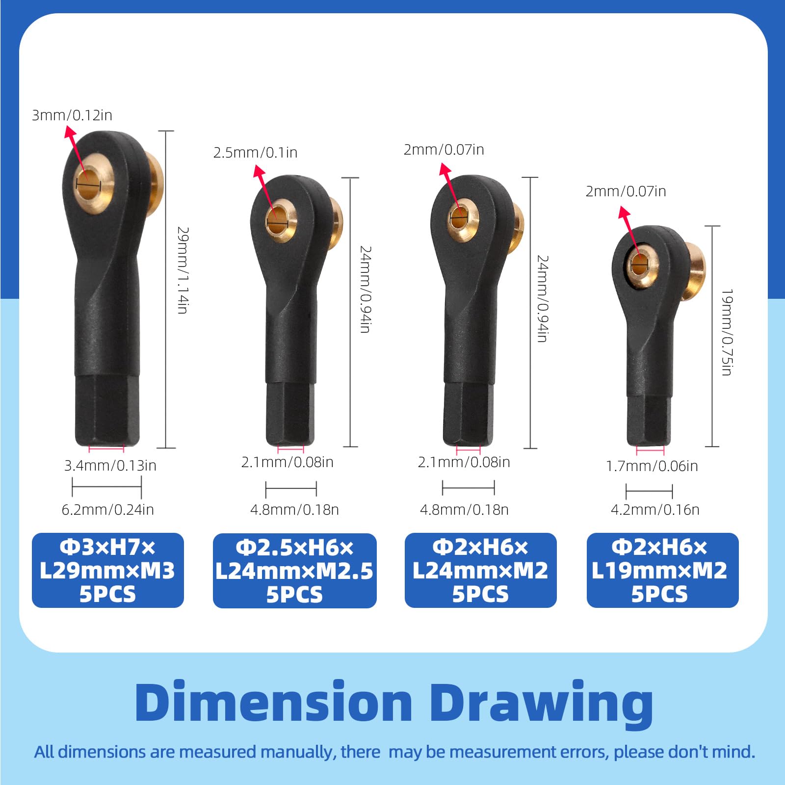 Glarks 20pcs M2 M2.5 M3 Lever Steering Linkage Tie Rod End Ball Head End Without Screws and Nut, 4 Sizes Ball Head Link Joint End, Ball Head Holder Tie Rod Ends Ball Joint Link for RC Crawler Car