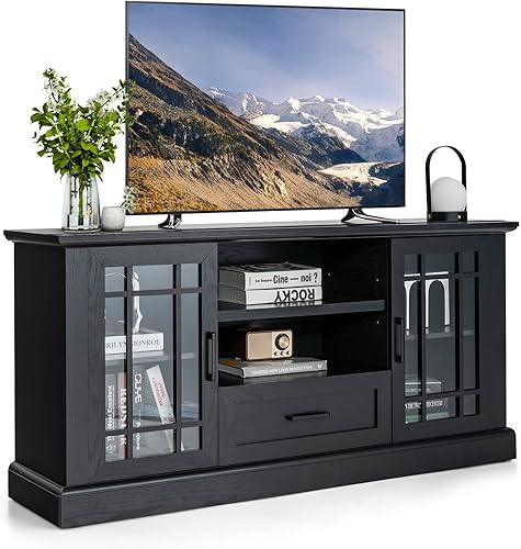 Tangkula Soporte de TV de granja para TV de hasta 70 pulgadas mesa de consola multimedia alta con 2 puertas de cristal centro de entretenimiento con