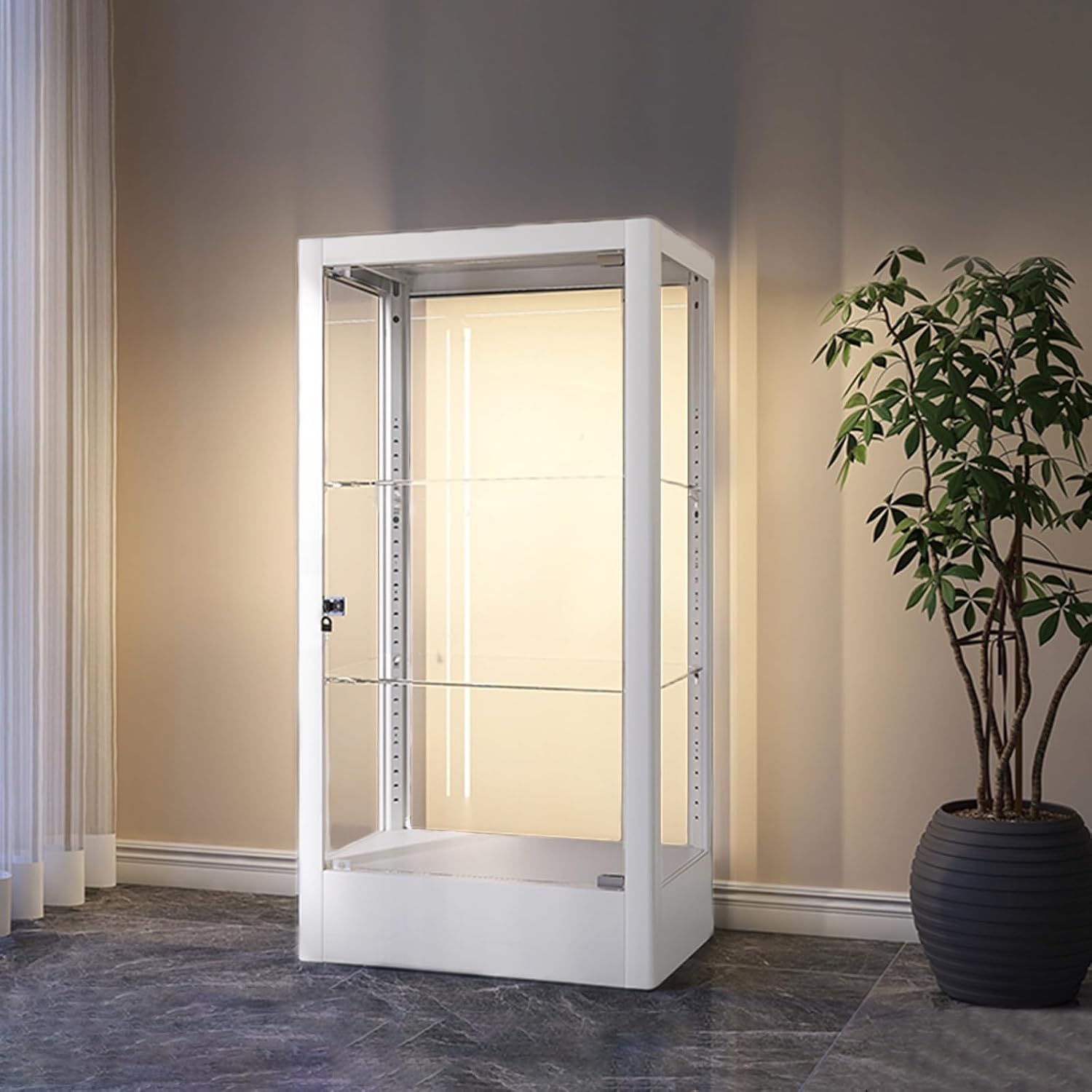 Glass Display Cabinet With Lights Display Cabinets For Collectibles Curio Cabinet With Lock 3 Tier Tempered Glass Counter Top Display Showcase Tall Liquor Bookshelf And Adjustable Glass Shelv