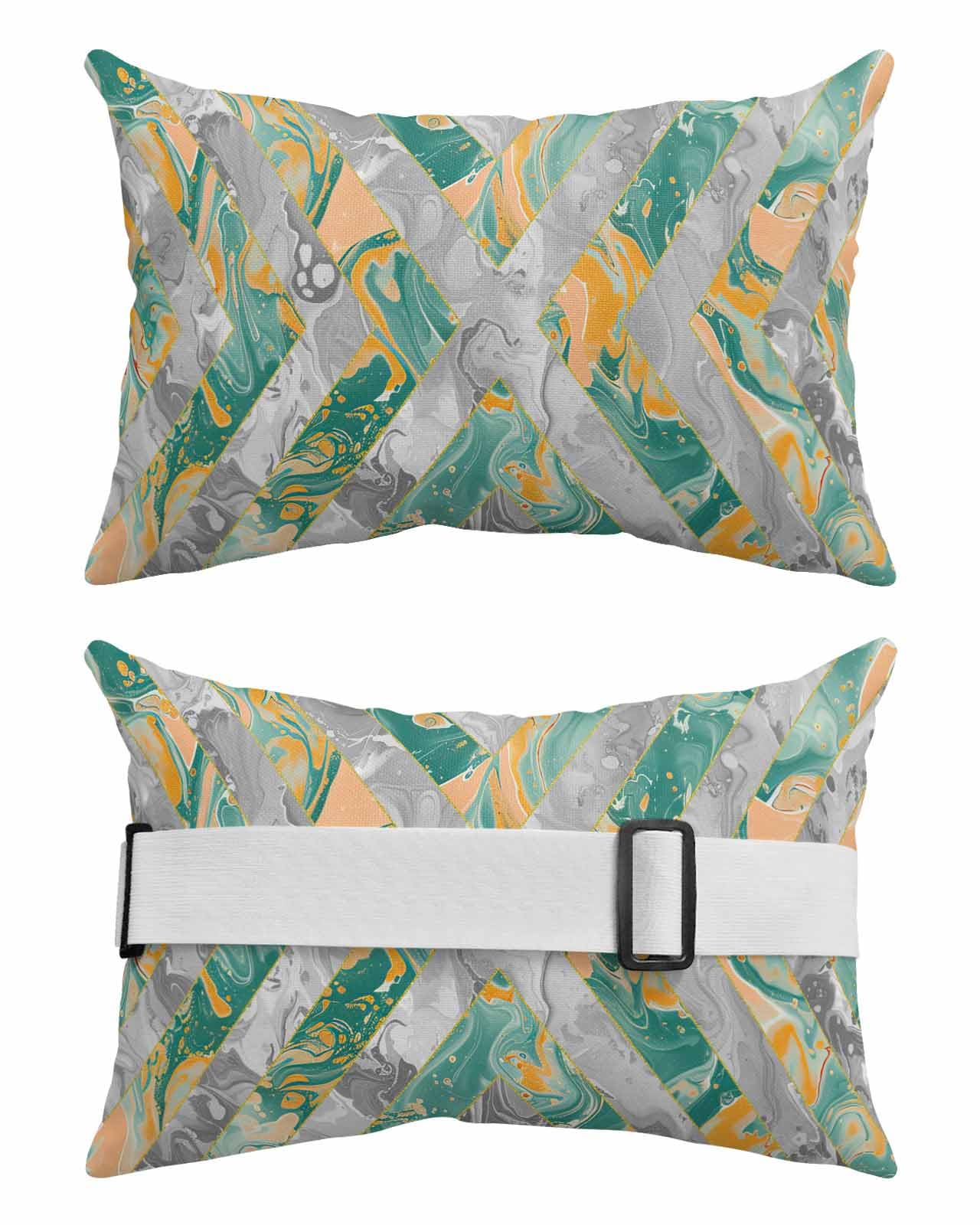 Outdoor Pillows Covers with Inserts Teal and Grey Marble Abstract Geometric Contemporary Art Waterproof Pillow with Adjustable Strap Throw Pillows for Patio Furniture Lounge Chair, 12x20 Inch, 2PCS