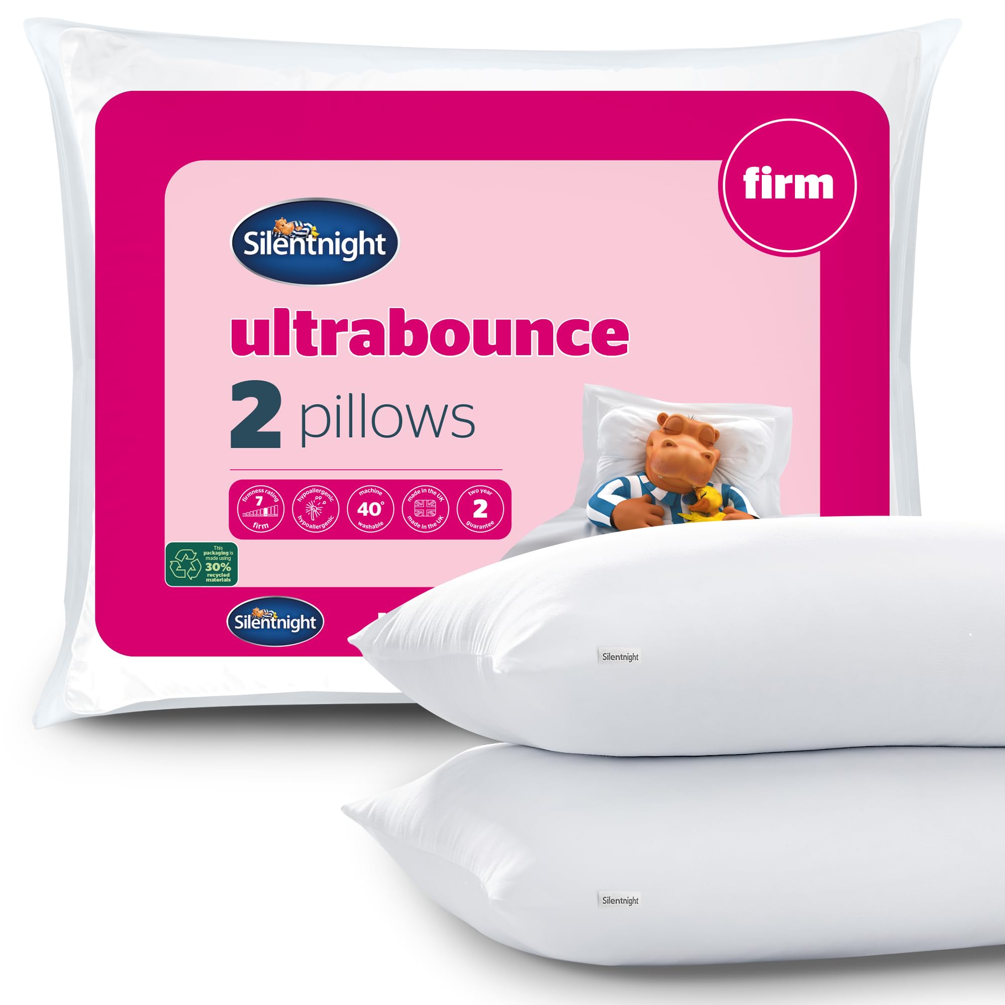 Silentnight Ultrabounce Firm Pillows 2 Pack – Firm Support Pillows with Fibre Core Ideal for Side Sleepers and Neck and Shoulder Pain Relief – Hypoallergenic – Pack of 2