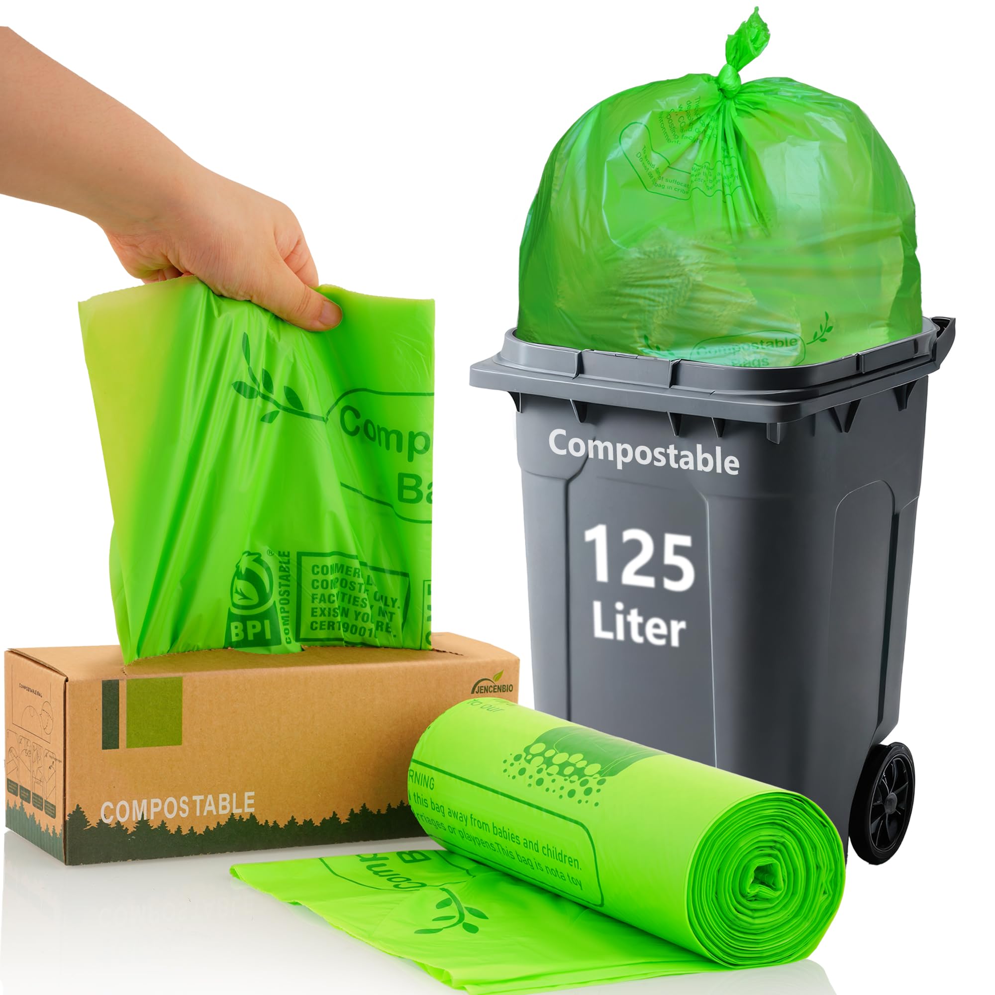 Jencenbio Compostable Bin Liners, 125 Liter, Extra Thick, 28 Micron Food scrap waste bags with US BPI Astm D6400 and Europe OK compost Home Certified