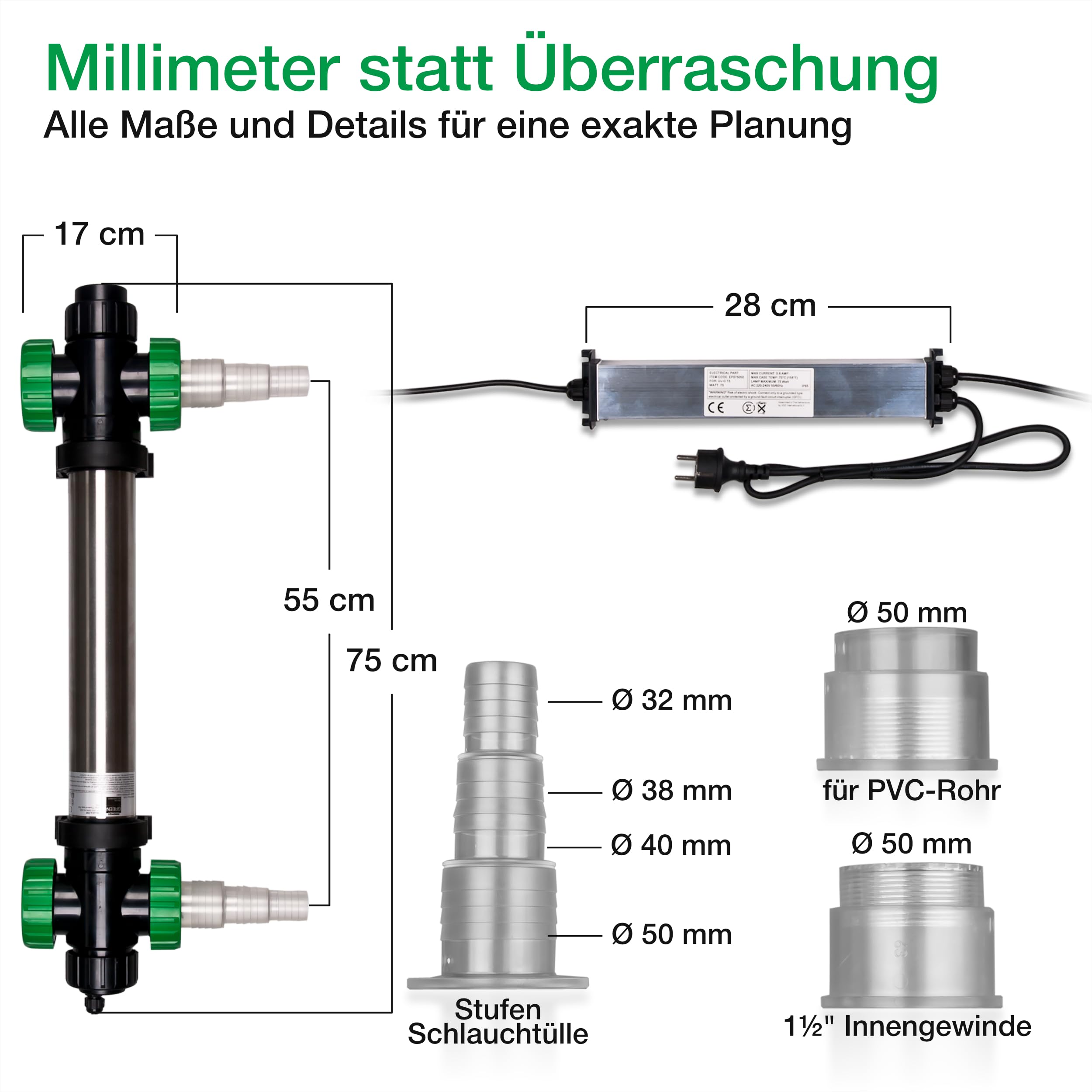 Wagner Green Flex UVC Teichklärer 75 Watt T5 - Flexible vielseitige Anschlussmöglichkeiten - Teich UVC Klärer bis 75 m³ - Koi Teich bis 35 m³ - Strahler zur Entkeimung - Sterilisator Algenvernichter