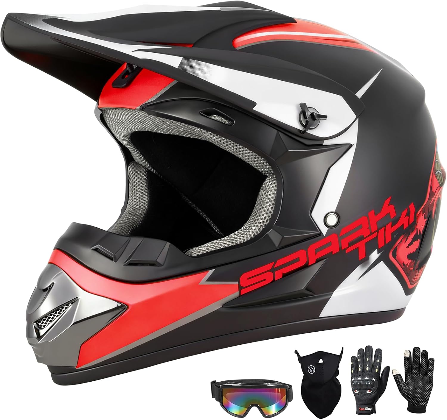 Youth Motocross Helmet Dirt Bike Helmet,ATV Motorcycle Helmet,Outdoor Dirt Bike Helmets,DOT Approved,Off-Road Helmets with Gloves Goggles Face Shield 4-Piece Set