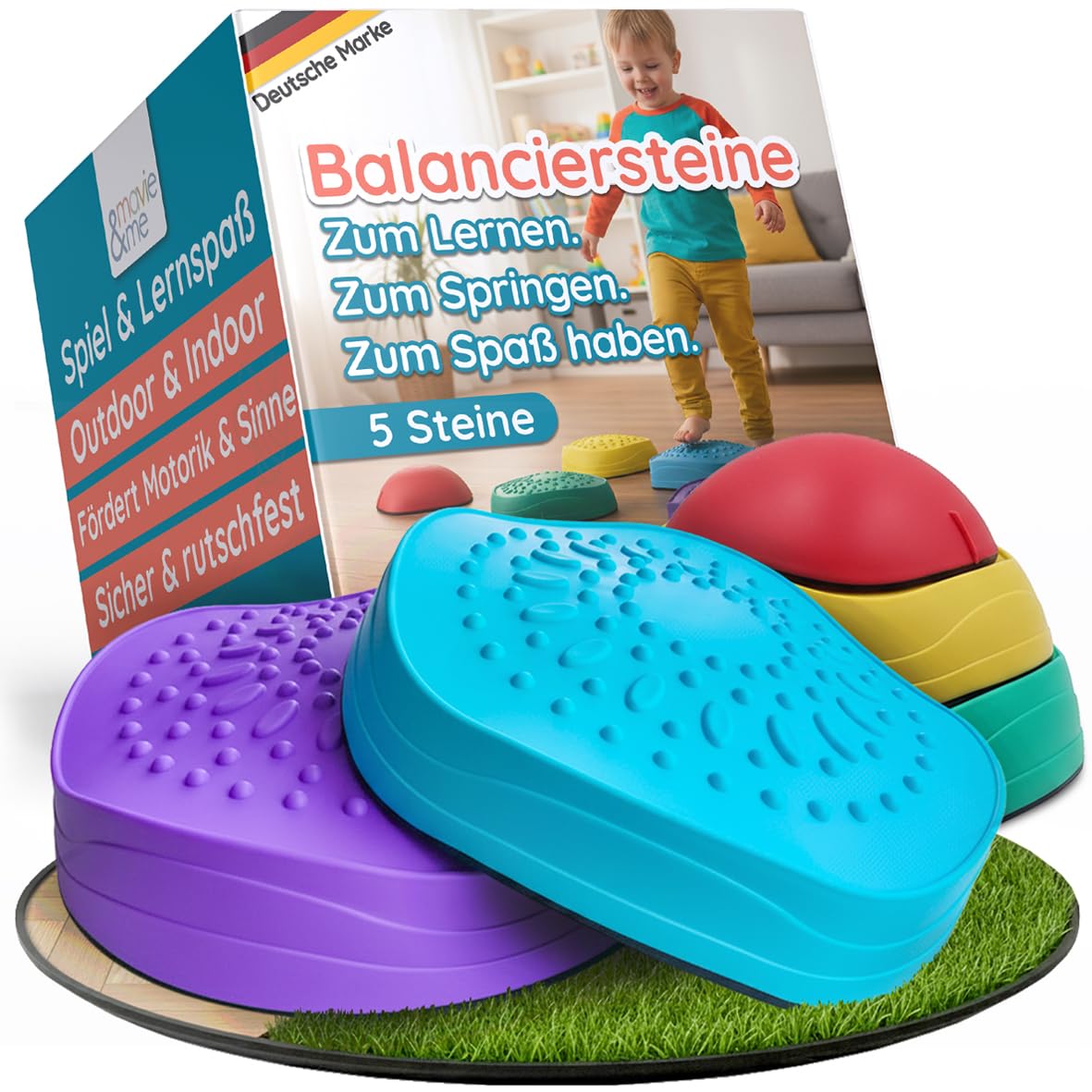 MAVIE & ME BALANCIERSTEINE KINDER 5ER SET – Rutschfeste Balance Steine Kinder für Indoor & Outdoor – Fördert Motorik, Bewegung & Gleichgewicht – Robuste Flusssteine zum Balancieren