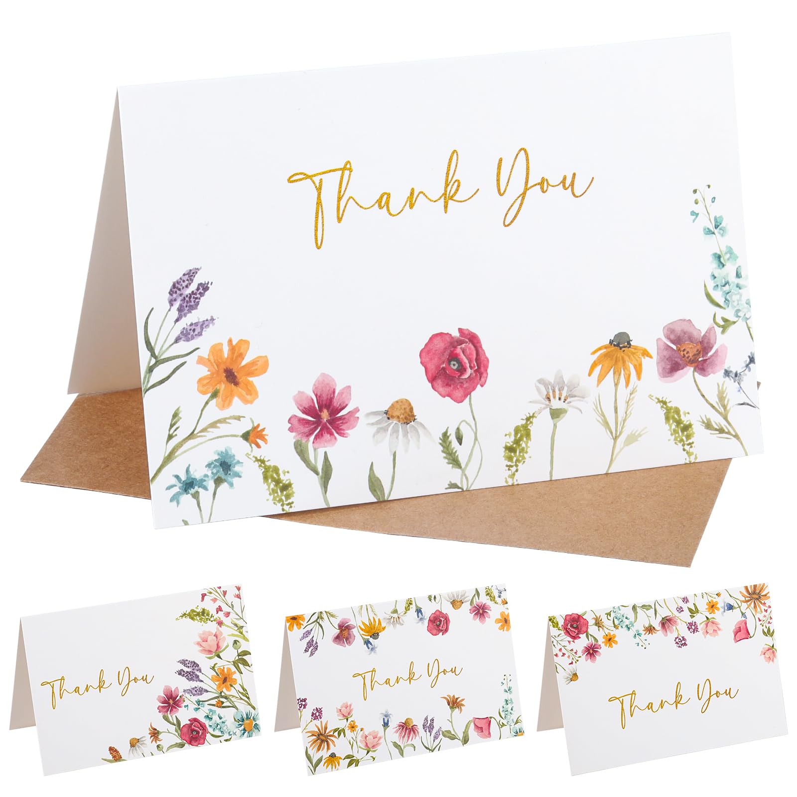 Tarjetas de agradecimiento de flores silvestres con sobres, paquete de 24 notas de agradecimiento florales de 4 x 6 pulgadas para bodas, despedidas de soltera, baby shower y pequeñas