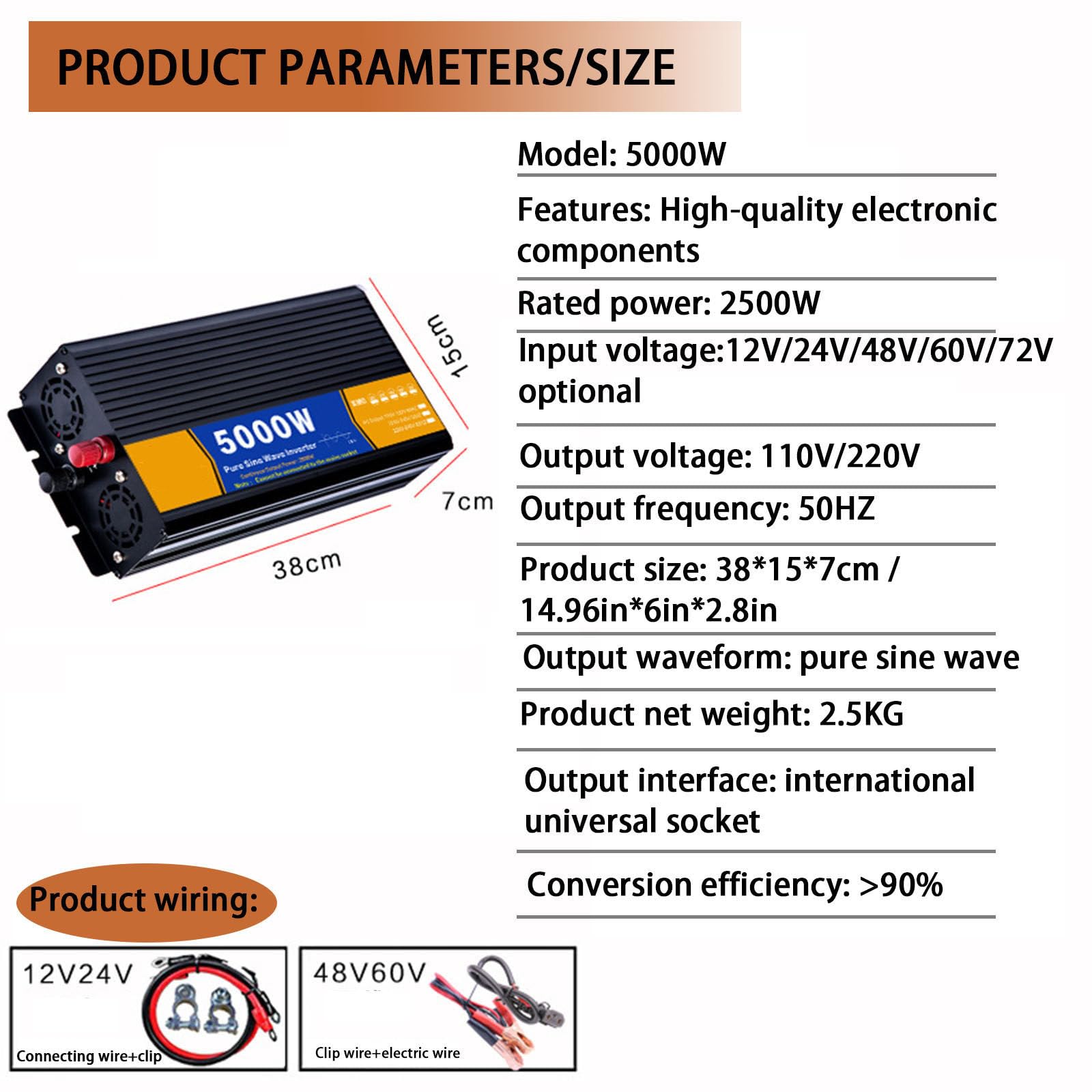 Inversor de Onda sinusoidal Pura de Alta eficiencia, con Pantalla LED y Tomas de AC, Potencia máxima de 3000W/4000W/5000W/6000W/8000W,para Casas rodantes Camping 5000w-24v