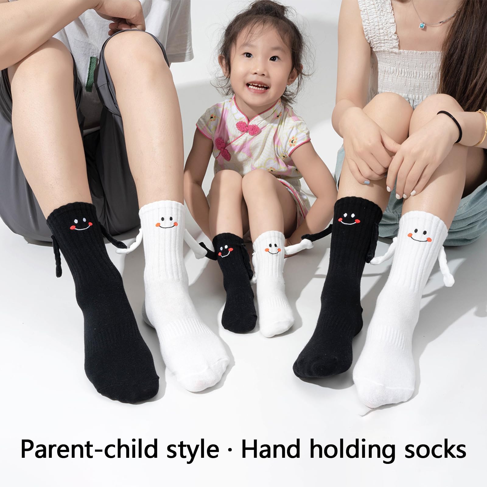 Family Matching Holding Hands Socks, Novelty Funny Magnetic Mid-Tube Socks, Parents Children Smile Socks (1 Pair Kids White, M/4-6 Years)