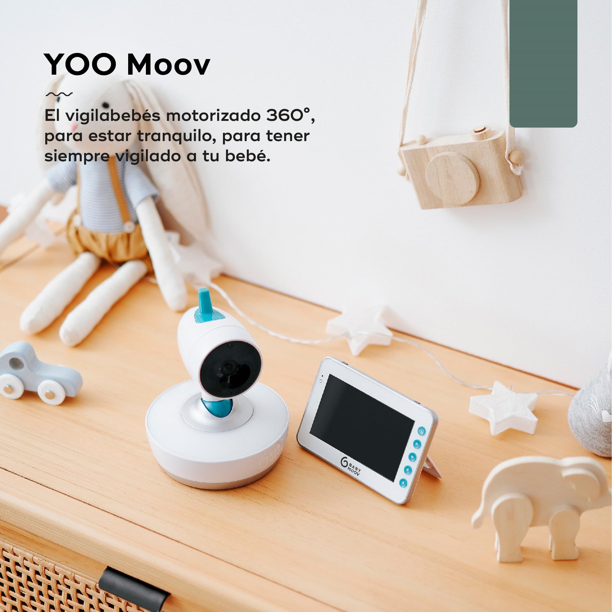 Babymoov YOO Moov Vigilabebé con Cámara Motorizada, Pantalla LCD Color de 4.3", Visión Nocturna, Rotacion 360°, Lamparita y Nanas, Alcance 300 m
