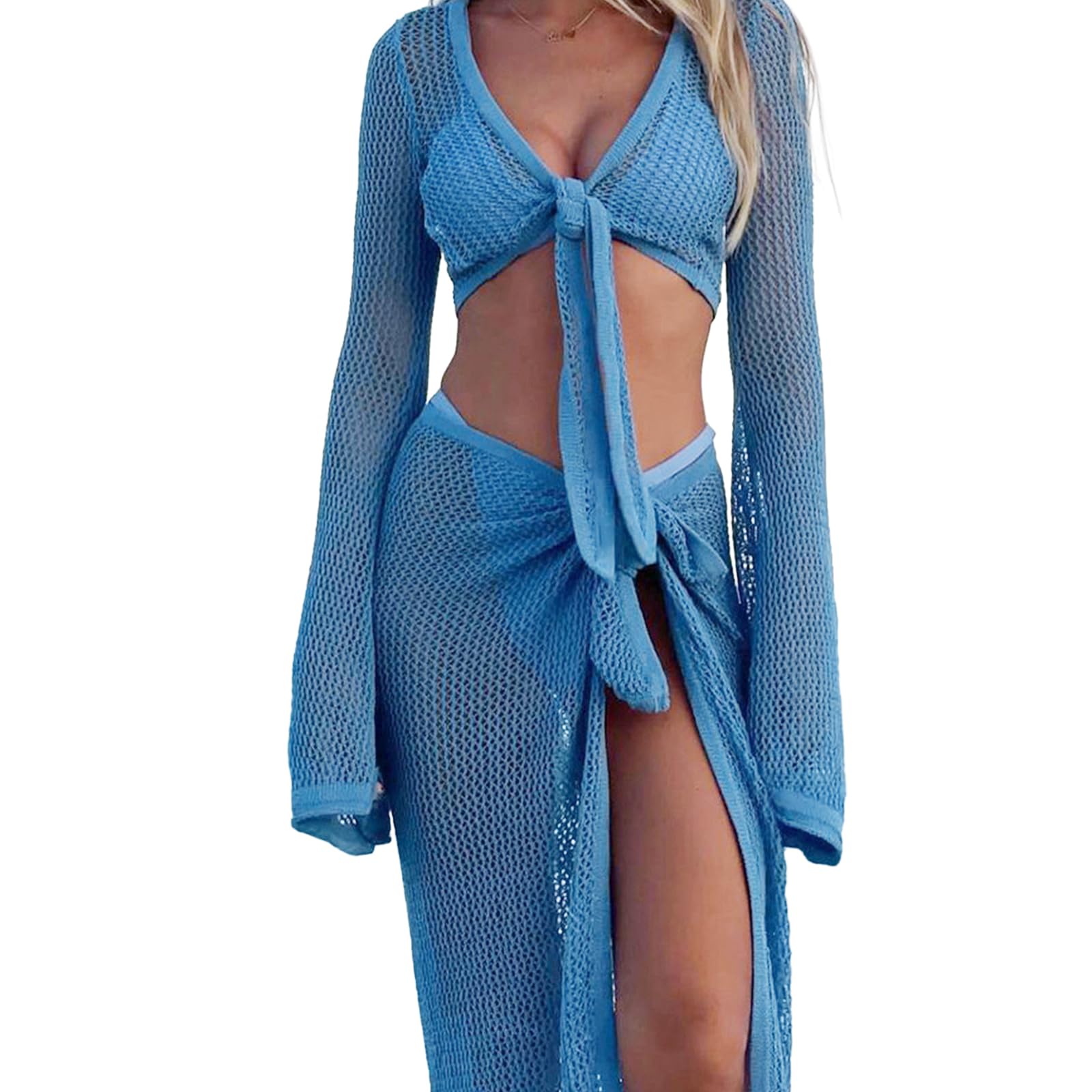 Costumi da bagno da donna Coprire Scollo a V Crochet Crop Top e Wrap Gonna Spiagge Piscina Costumi da bagno Donna Spiagge Cover Up Set
