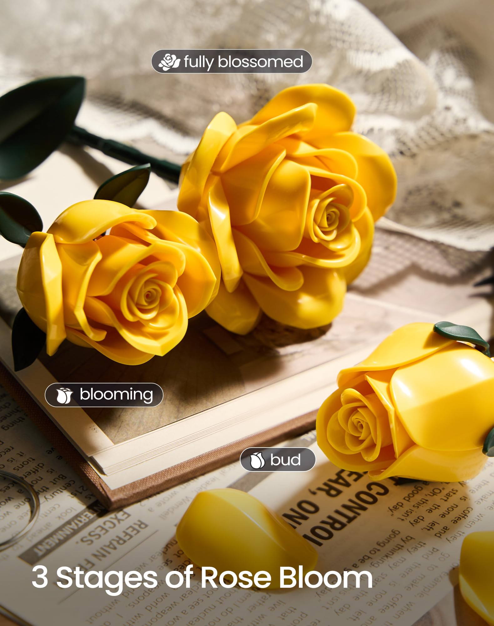 iATOM Burgundy Red Rose Bouquet Building Set, 12Pcs Flower Botanical Collection Kit for Adult, for Her/Girlfriend/Mom/Wife/Couple, Vintage Home Office Table Centerpiece Decor: Yellow Rose Bouquet