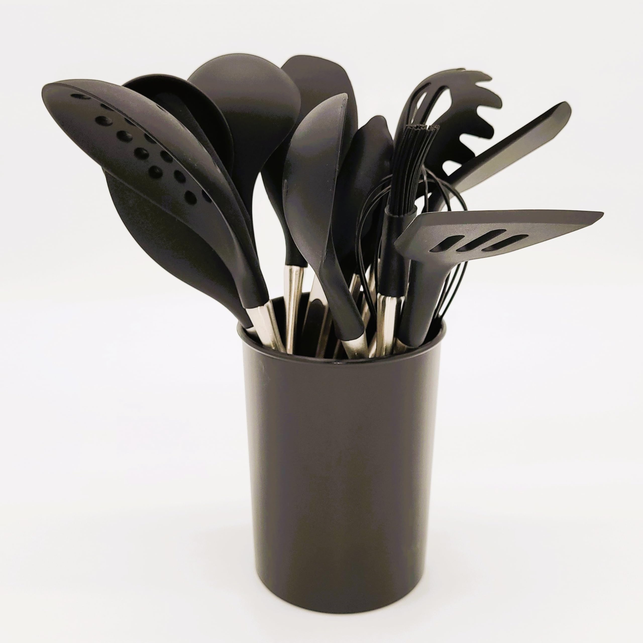 BWG Premium Küchenhelfer Set Edelstahl - Silikon12-teilig, Kochbesteck, Kochutensilien, Set aus hochwertigem Silikon in Schwarz, Griffe in elegantem Design, hitzebeständig.