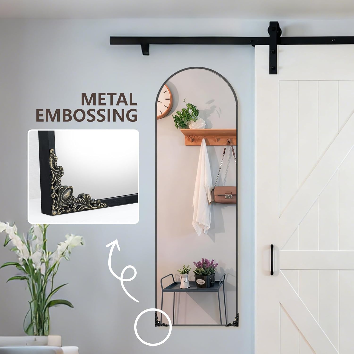 48"x14" Door Mirror, Arched Full Length Mirror, Over the Door Mirrors Full Length, Hanging Mirrors for Bedroom, Bathroom, Black