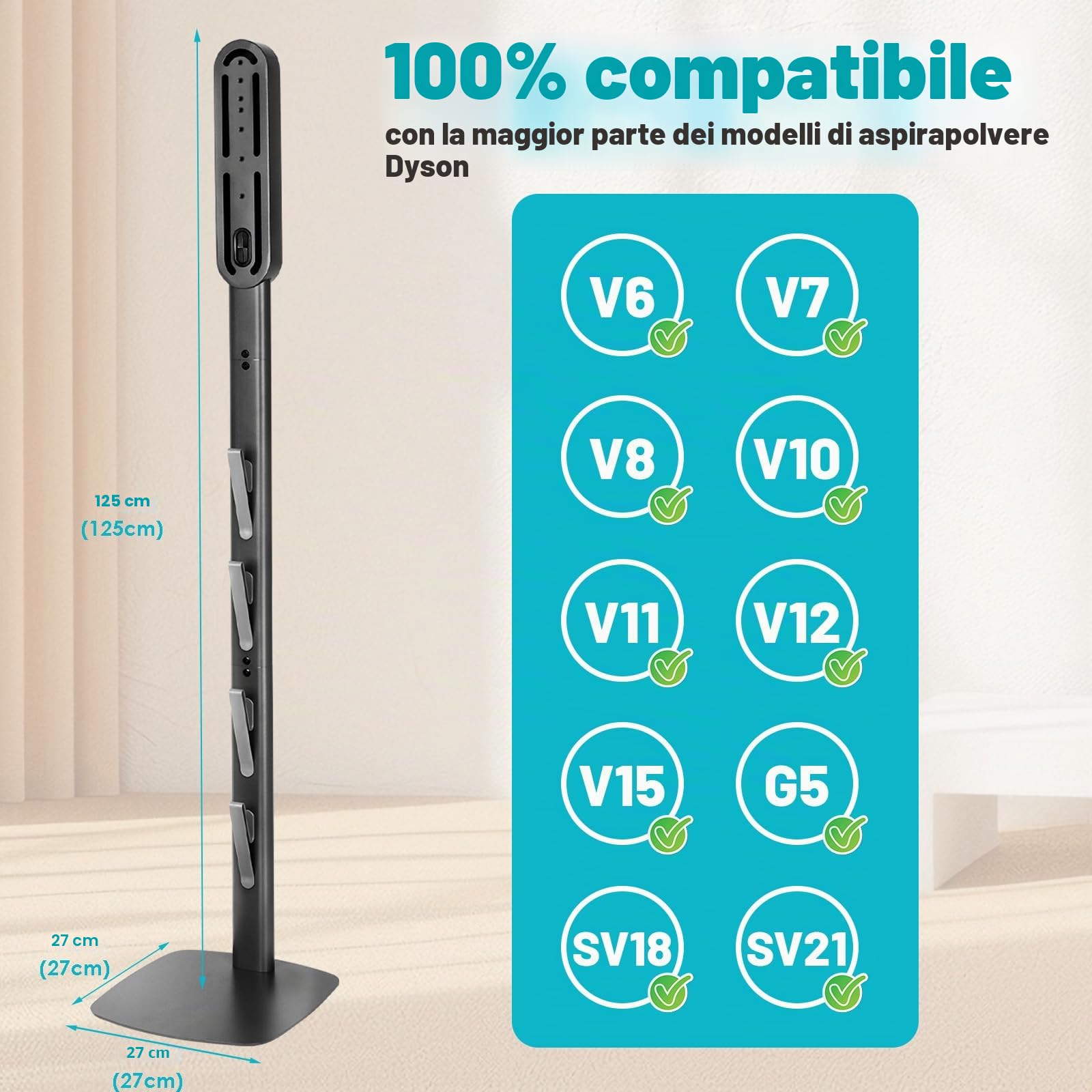 FrontLine - Supporto per aspirapolvere per Dyson Gen5, V8, V15, V12, V11, V10, V7, V6, in metallo, stabile, senza fori, da pavimento, organizer salvaspazio con 4 ganci per aspirapolvere Dyson cordless
