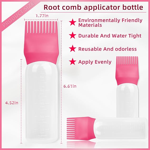 2 Pack Root Comb Applicator Bottle Tools 6 Ounce, Hair Oil Applicator Bottle with Hair Oil Dispenser Root Comb Brush for Scalp Oil Hair Oiling Applicator -Dark Pink
