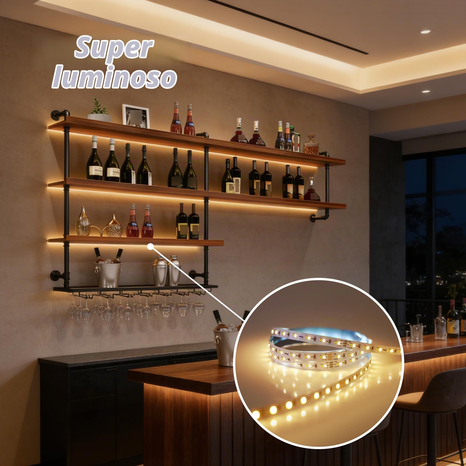 Portabottiglie Vino da Parete in Legno Massello, Porta Bottiglie di Vino con Luci LED, Industriale Scaffale Portabottiglie da Parete Conportabicchieri, per Cucina, Bar, Cantinetta, Sala (130 cm)