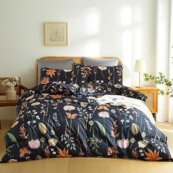 Floral Duvet Cover Queen Size Black Duvet Cover Set with Pink Floral Colorful Botanical Yellow Butterfly 3D Printed Bedding Set 3 Pcs Soft Microfiber Comforter Cover with Zipper Ties