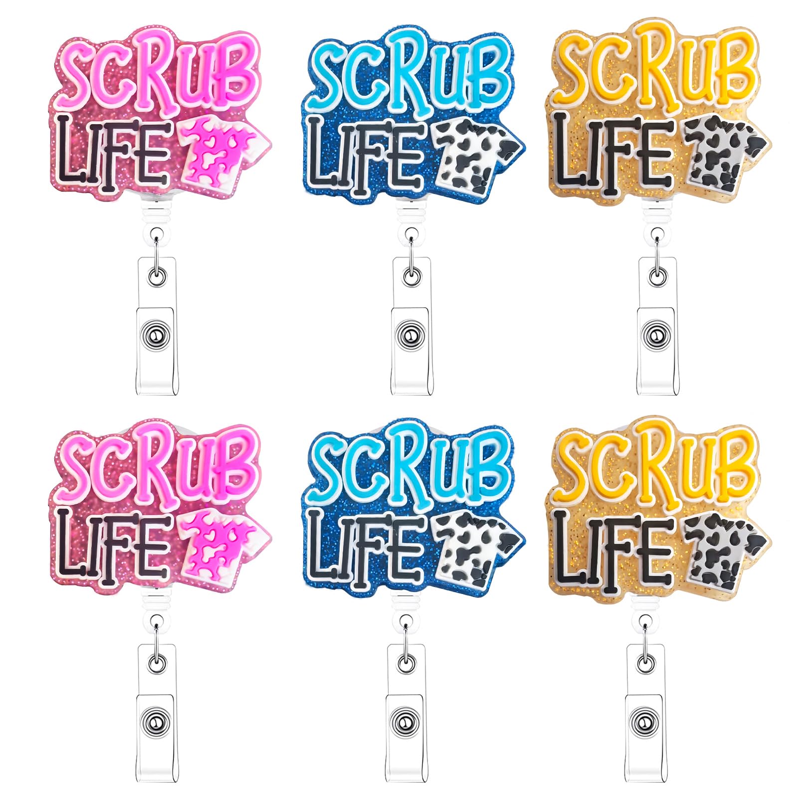 6pcs Scrub Life Badge Reel Holder Retractable for Certified Nurse Assistant,Cute Medical Assistant Bling Glitter Scrub Life Accessories Essentials