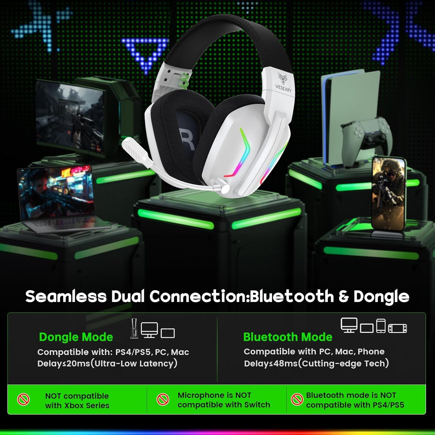 WESEARY Gaming Headset Wireless mit Mikrofon für PS5, PS4, PC, Switch, Smartphone, Mac, Laptop, 2,4 GHz & Bluetooth Kopfhörer mit Noise Cancelling Mikrofon, 50H Akku, LED-Licht, Surround Sound
