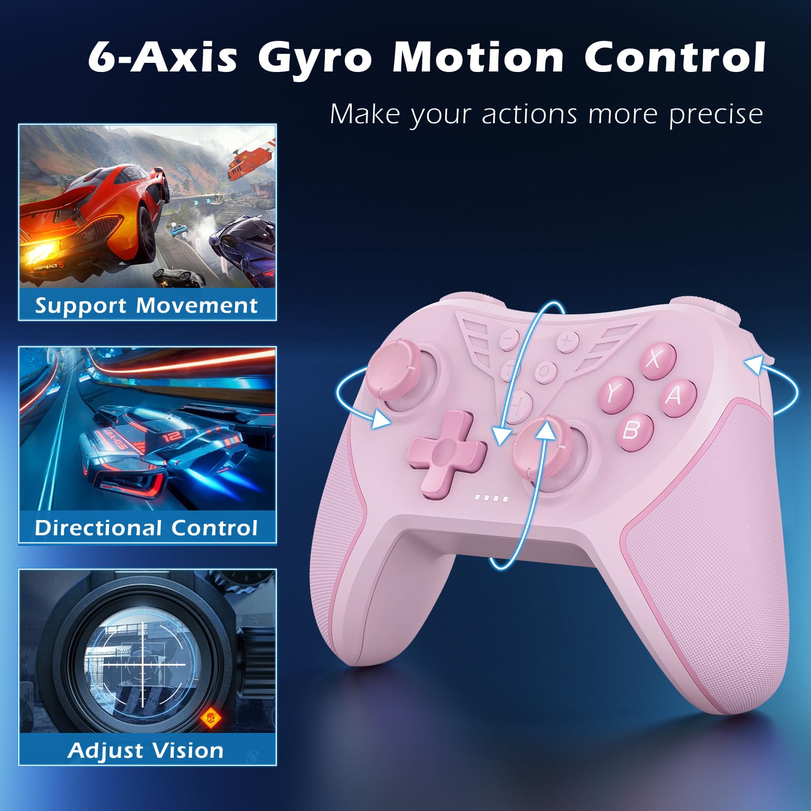 LATEC Manette pour Switch, Manette Sans Fil Compatible avec Switch Lite/Oled,TURBO/Programmation Macro/Vibraton Réglable/6 Axes Gyroscope/Capture d'écran-Rosa