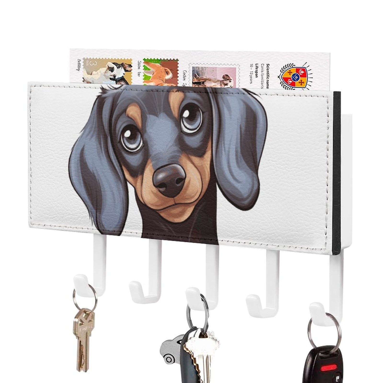 JTREHY Cute Dachshund Holder Wall-Mounted Key and Mail Holder,Key Rack with 5Keys Hooks, Easy to Install Mail Organizer for Entryway, Front Door, Hallway, Office
